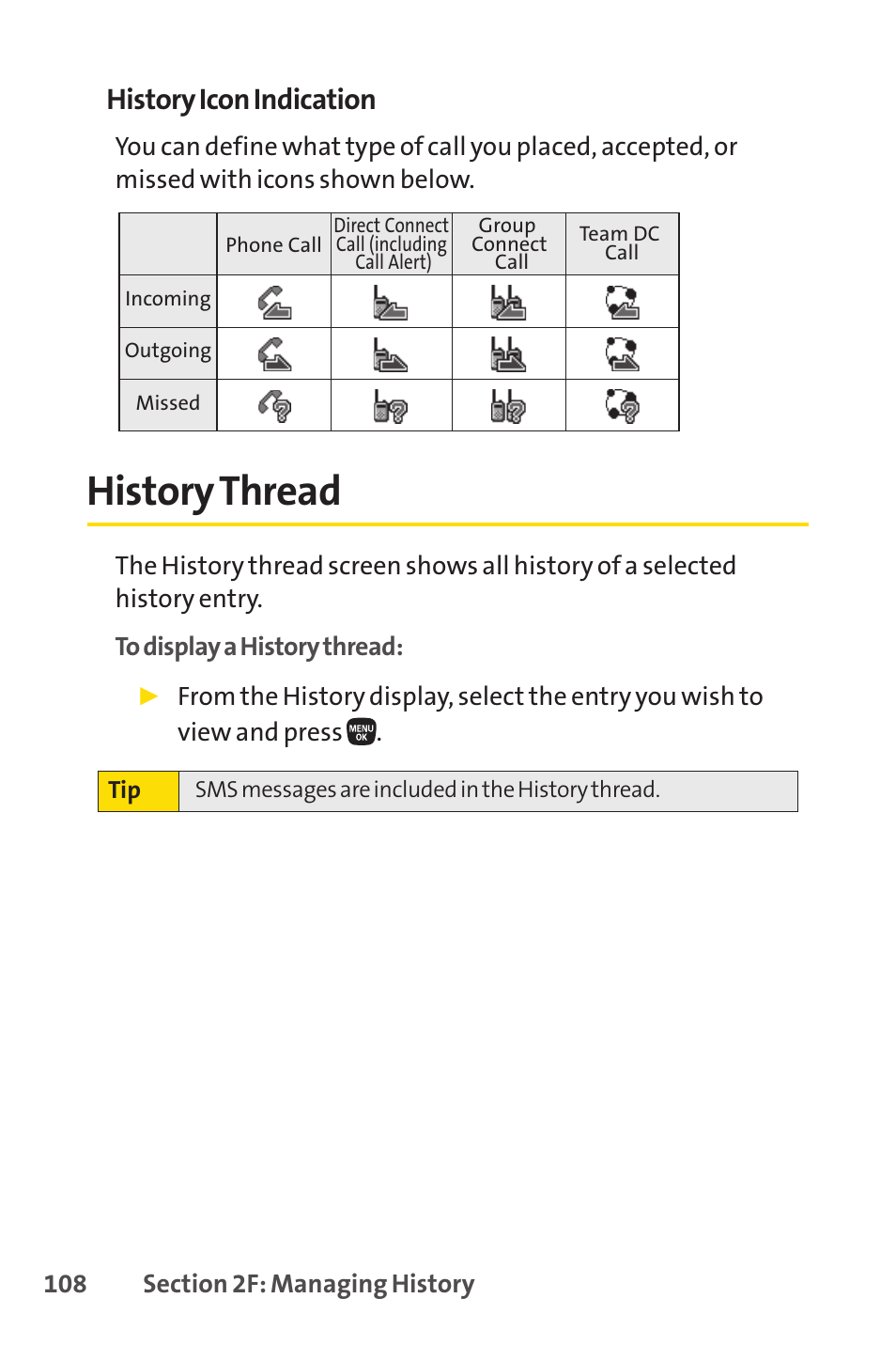 History thread, E 108), History icon indication | Sanyo PRO-200 User Manual | Page 122 / 236