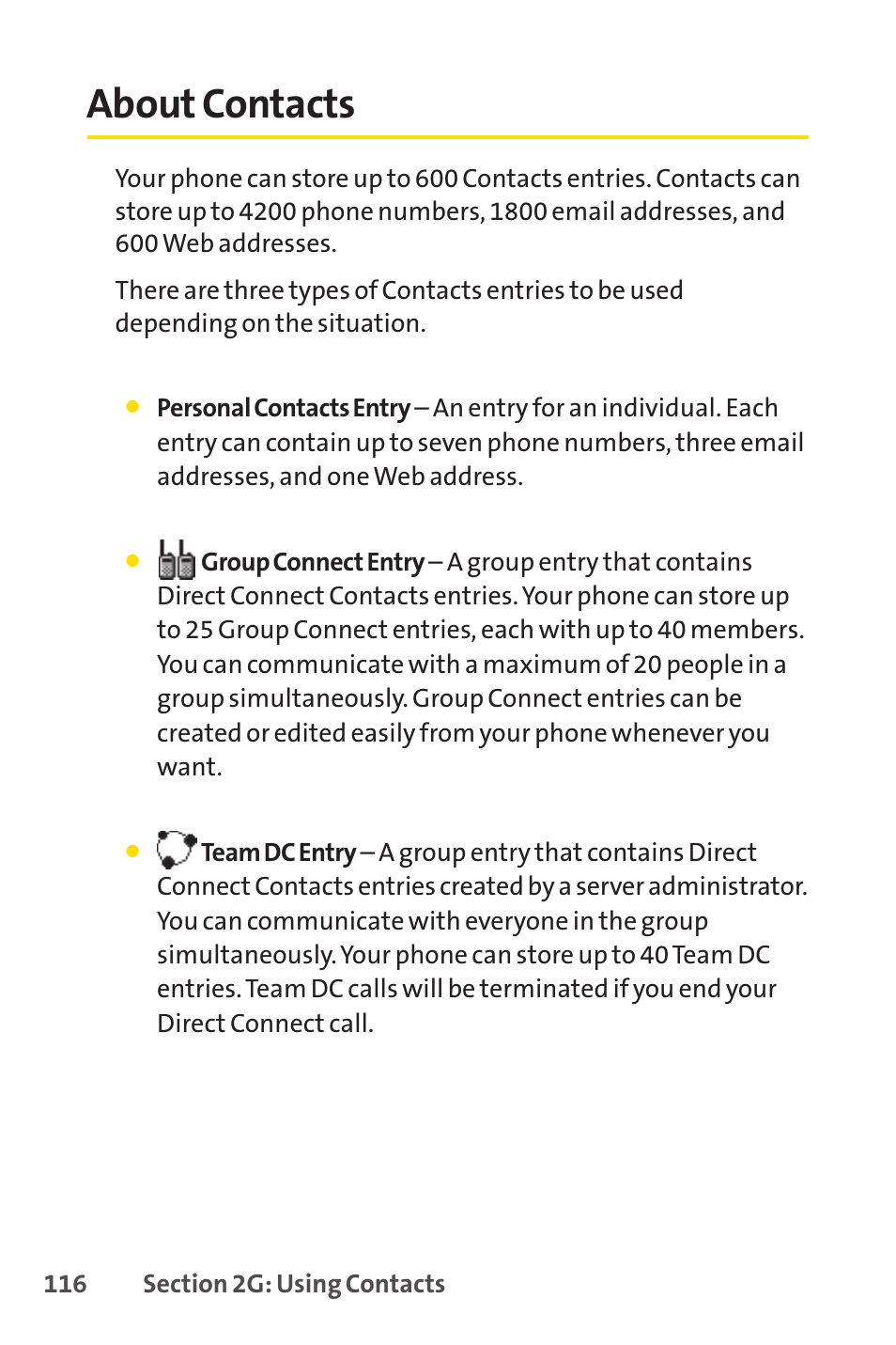 About contacts, E 116) | Sanyo PRO-200 User Manual | Page 130 / 236