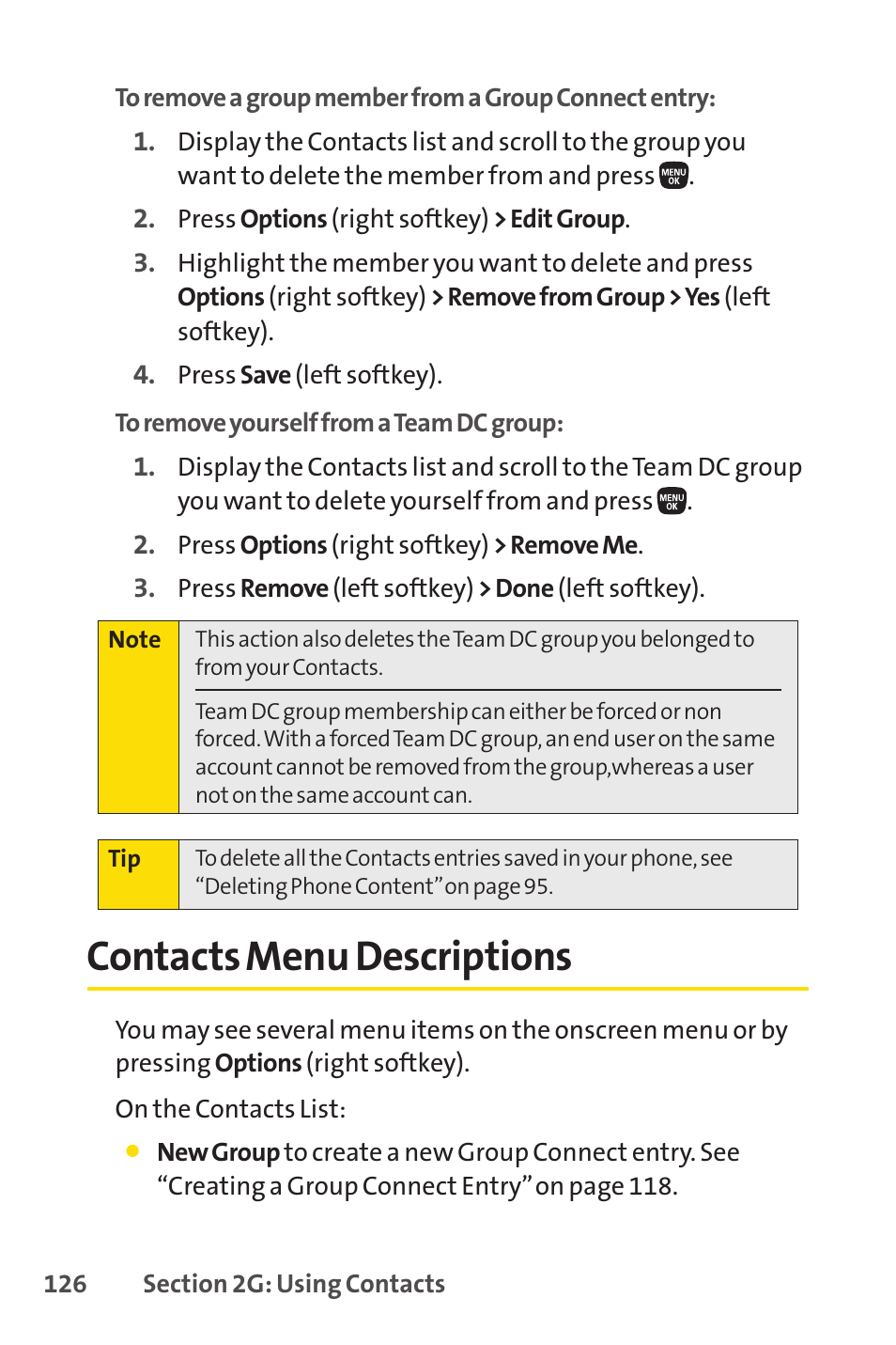Contacts menu descriptions, E 126) | Sanyo PRO-200 User Manual | Page 140 / 236