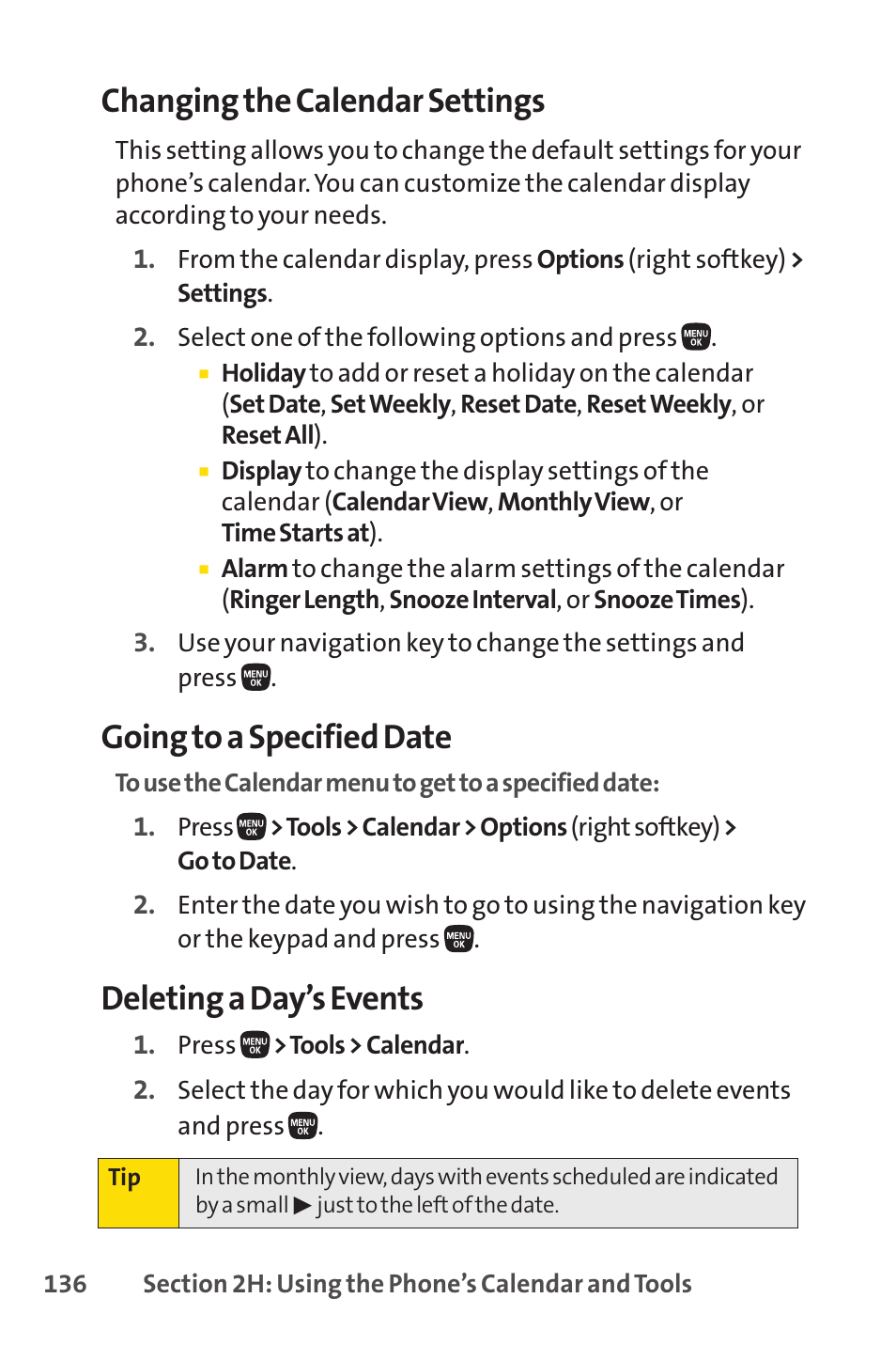 Changing the calendar settings, Going to a specified date, Deleting a day’s events | Sanyo PRO-200 User Manual | Page 150 / 236