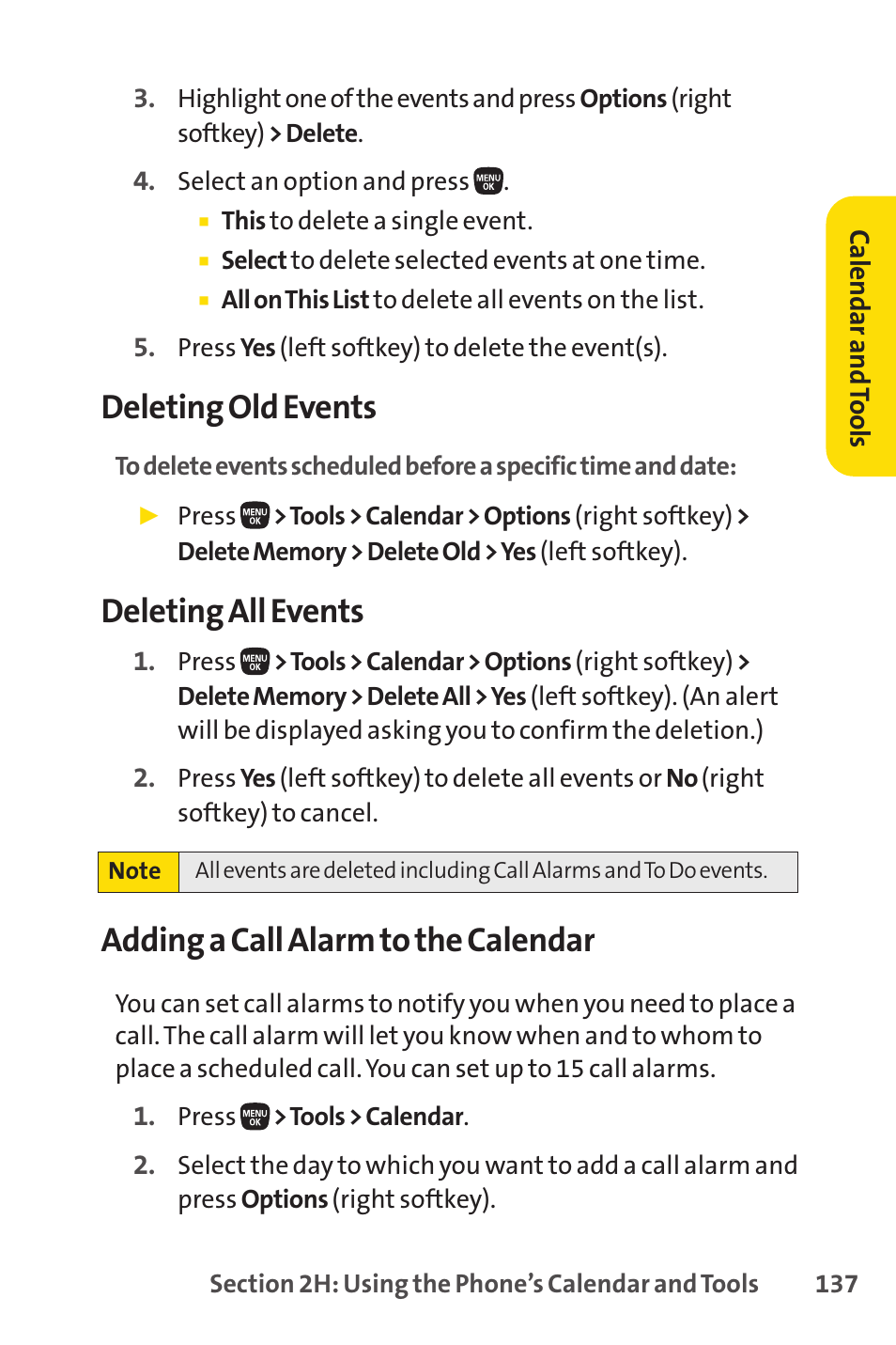 Deleting old events, Deleting all events, Adding a call alarm to the calendar | Sanyo PRO-200 User Manual | Page 151 / 236