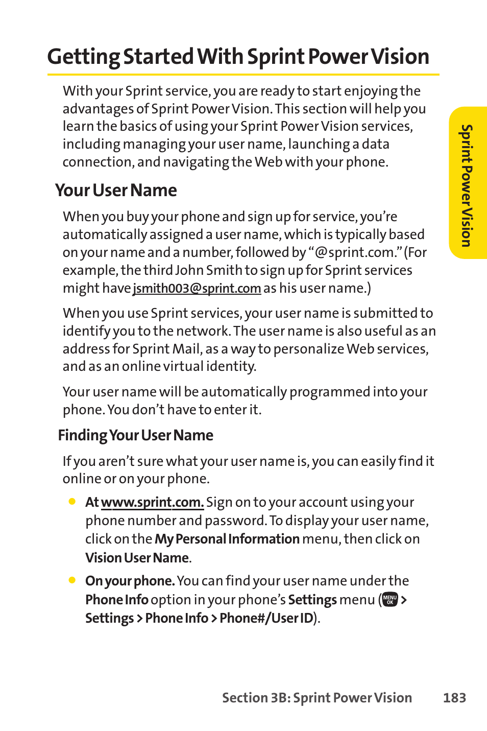 Getting started with sprint power vision, Your user name | Sanyo PRO-200 User Manual | Page 197 / 236