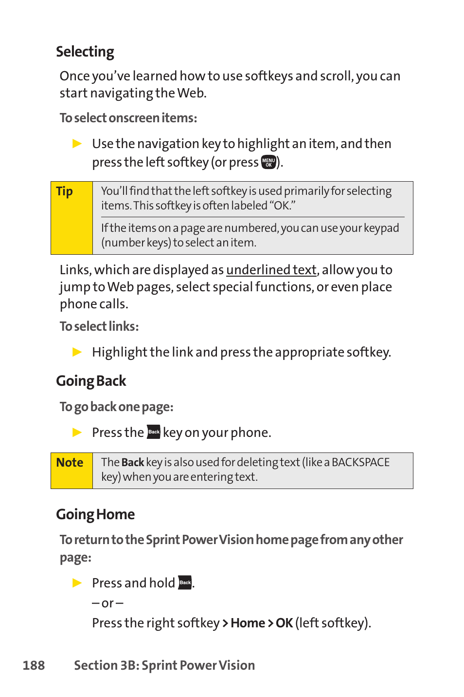Selecting, Going back, Going home | Sanyo PRO-200 User Manual | Page 202 / 236