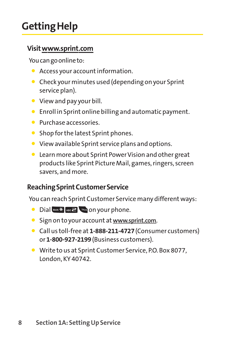 Getting help, E 8), Reaching sprint customer service | Sanyo PRO-200 User Manual | Page 22 / 236