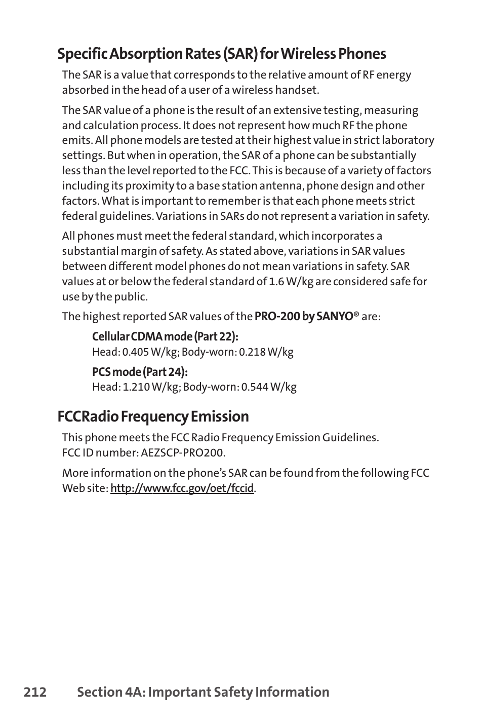 Fccradio frequency emission | Sanyo PRO-200 User Manual | Page 226 / 236