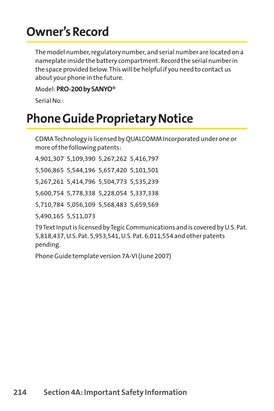 Owner’s record, Phone guide proprietary notice, Owner’s record phone guide proprietary notice | E 214) | Sanyo PRO-200 User Manual | Page 228 / 236