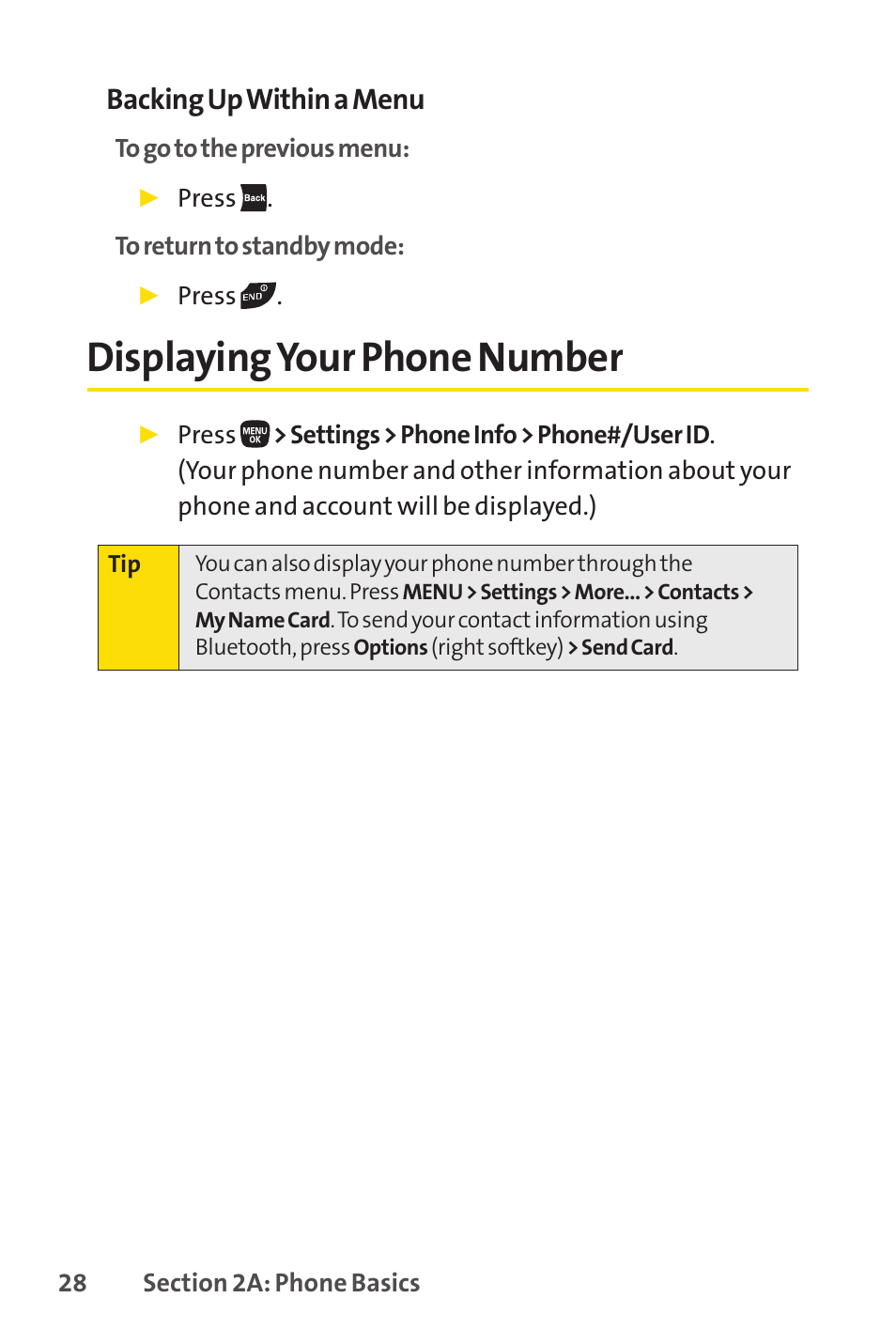 Displaying your phone number, E 28), Backing up within a menu | Sanyo PRO-200 User Manual | Page 42 / 236