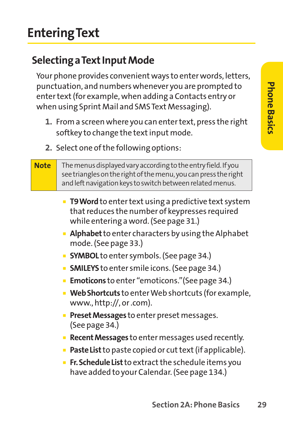 Entering text, E 29), Selecting a text input mode | Ph on e b as ics | Sanyo PRO-200 User Manual | Page 43 / 236