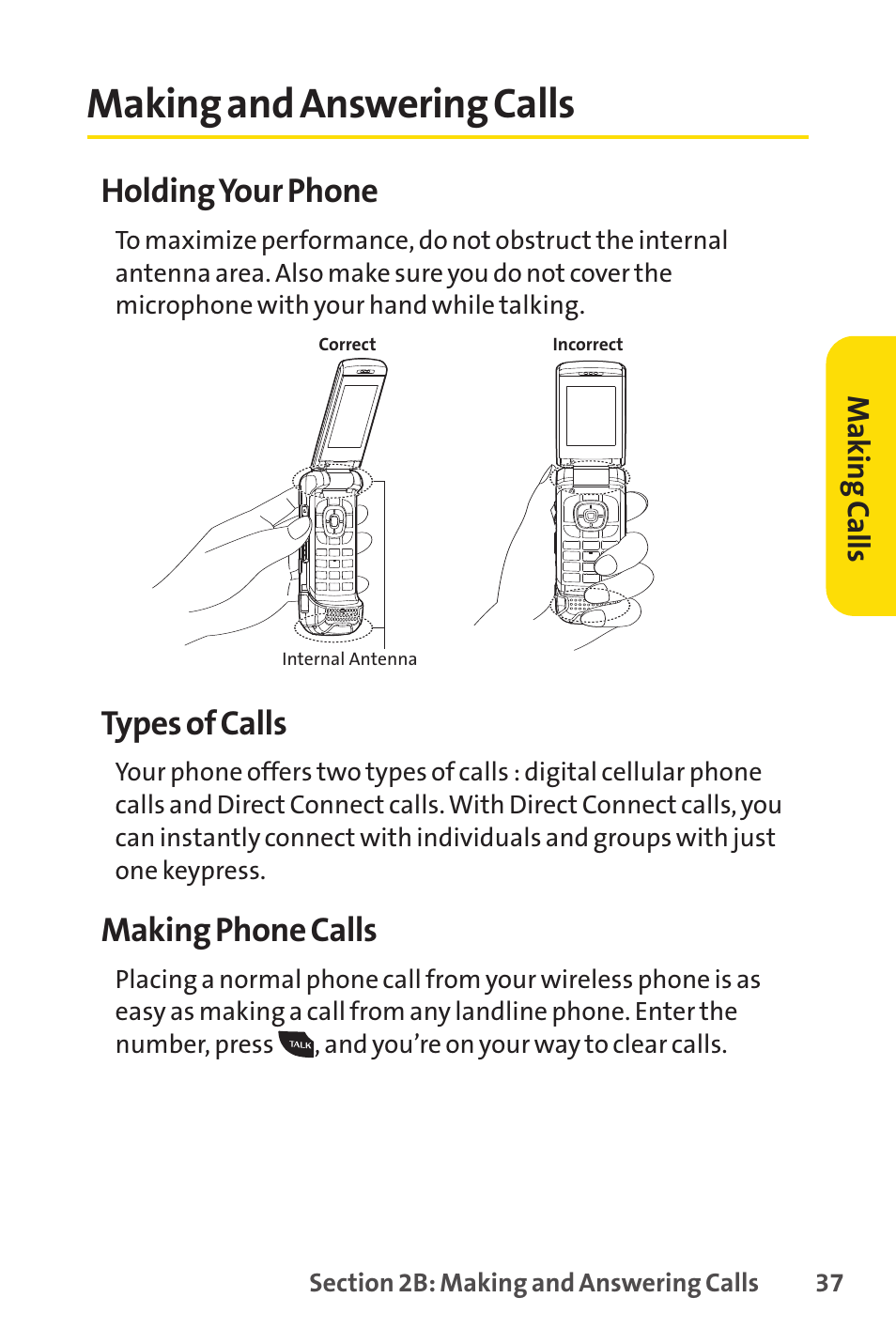 Making and answering calls, E 37), Holding your phone | Types of calls, Making phone calls | Sanyo PRO-200 User Manual | Page 51 / 236