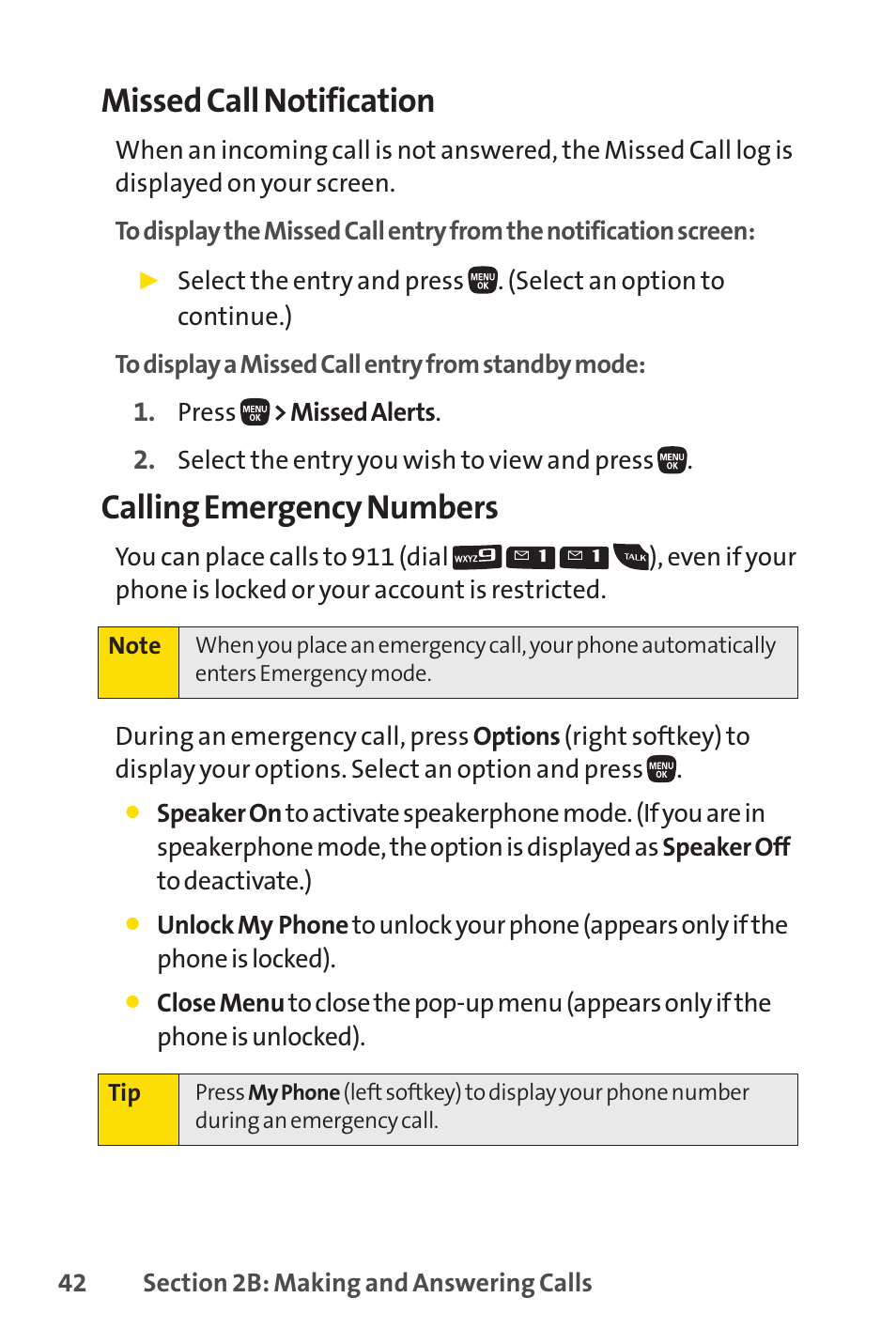 Missed call notification, Calling emergency numbers | Sanyo PRO-200 User Manual | Page 56 / 236