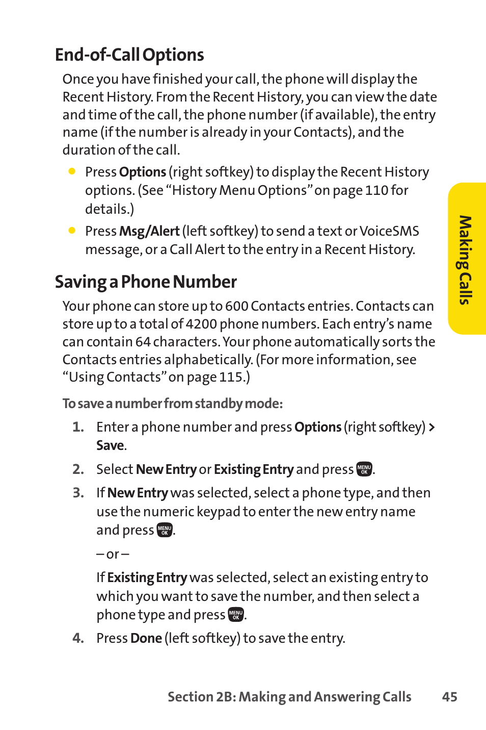 E 45.), End-of-call options, Saving a phone number | Mak in g ca lls | Sanyo PRO-200 User Manual | Page 59 / 236