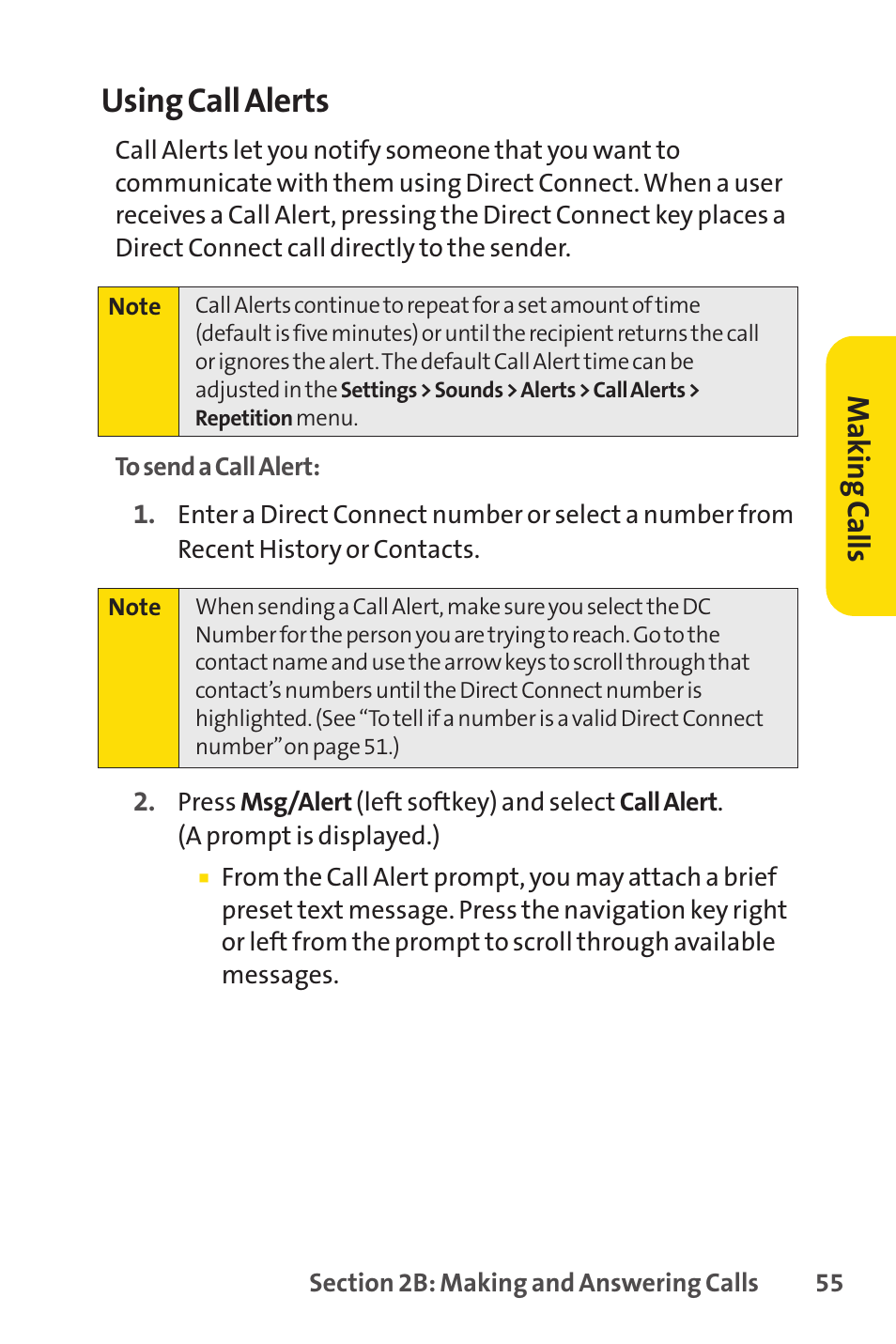 E 55), Using call alerts, Mak in g ca lls | Sanyo PRO-200 User Manual | Page 69 / 236