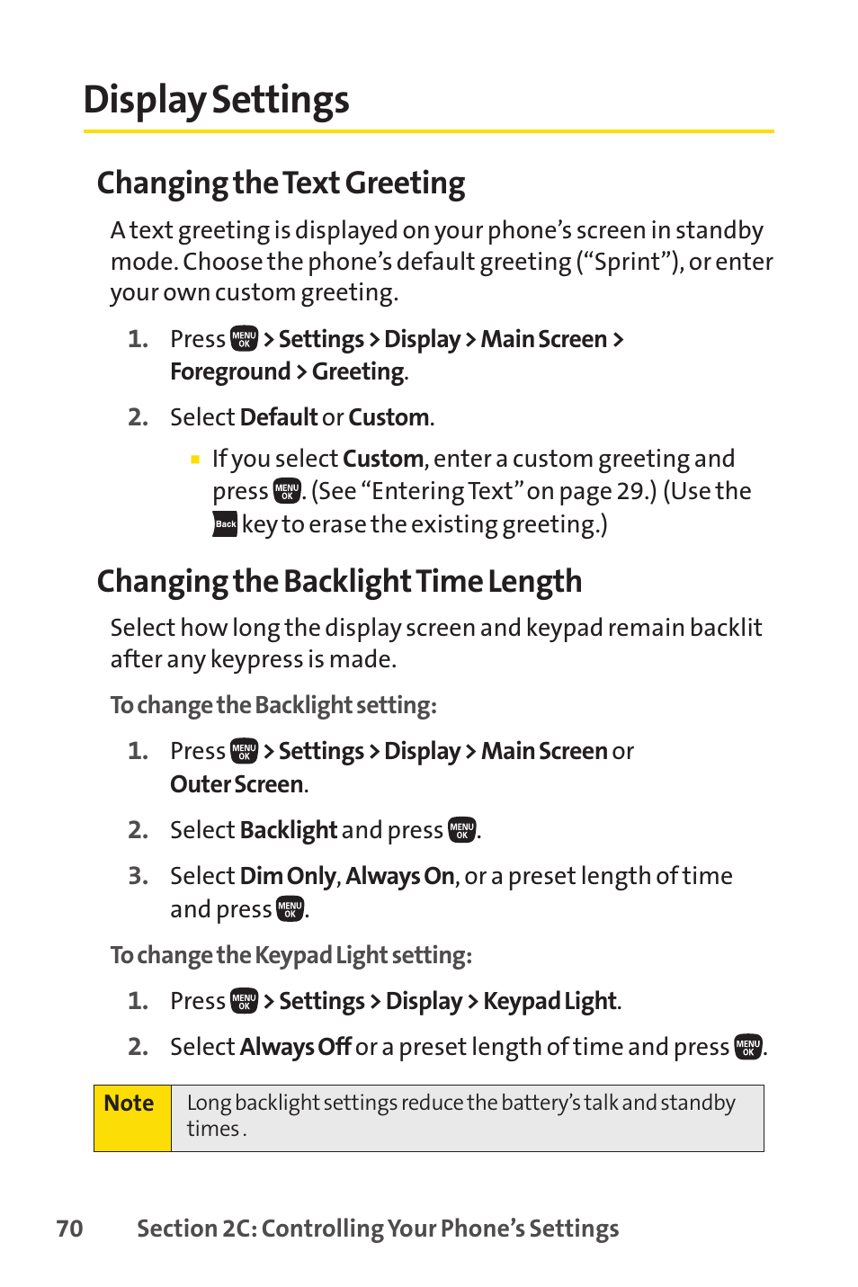 Display settings, E 70), Changing the text greeting | Changing the backlighttime length | Sanyo PRO-200 User Manual | Page 84 / 236