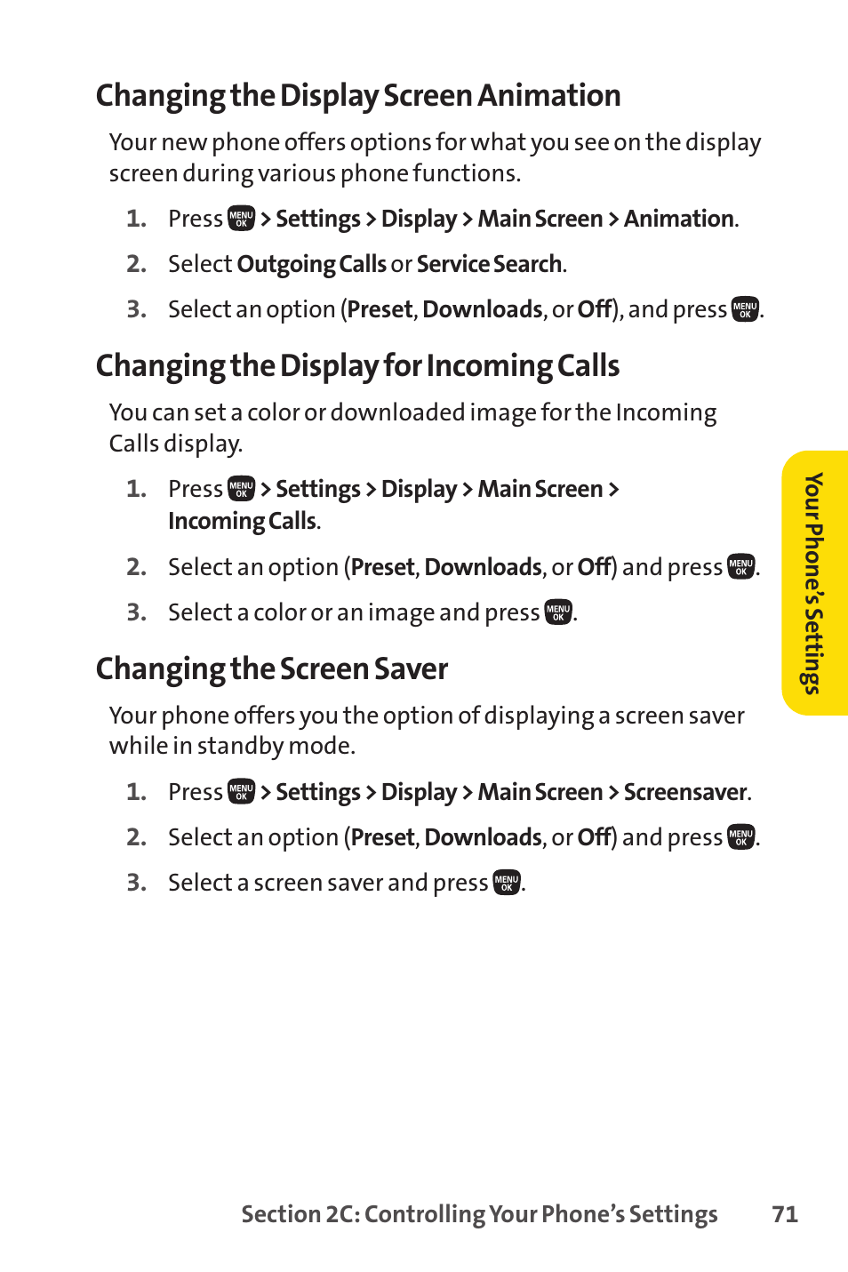 Changing the display screen animation, Changing the display for incoming calls, Changing the screen saver | Sanyo PRO-200 User Manual | Page 85 / 236