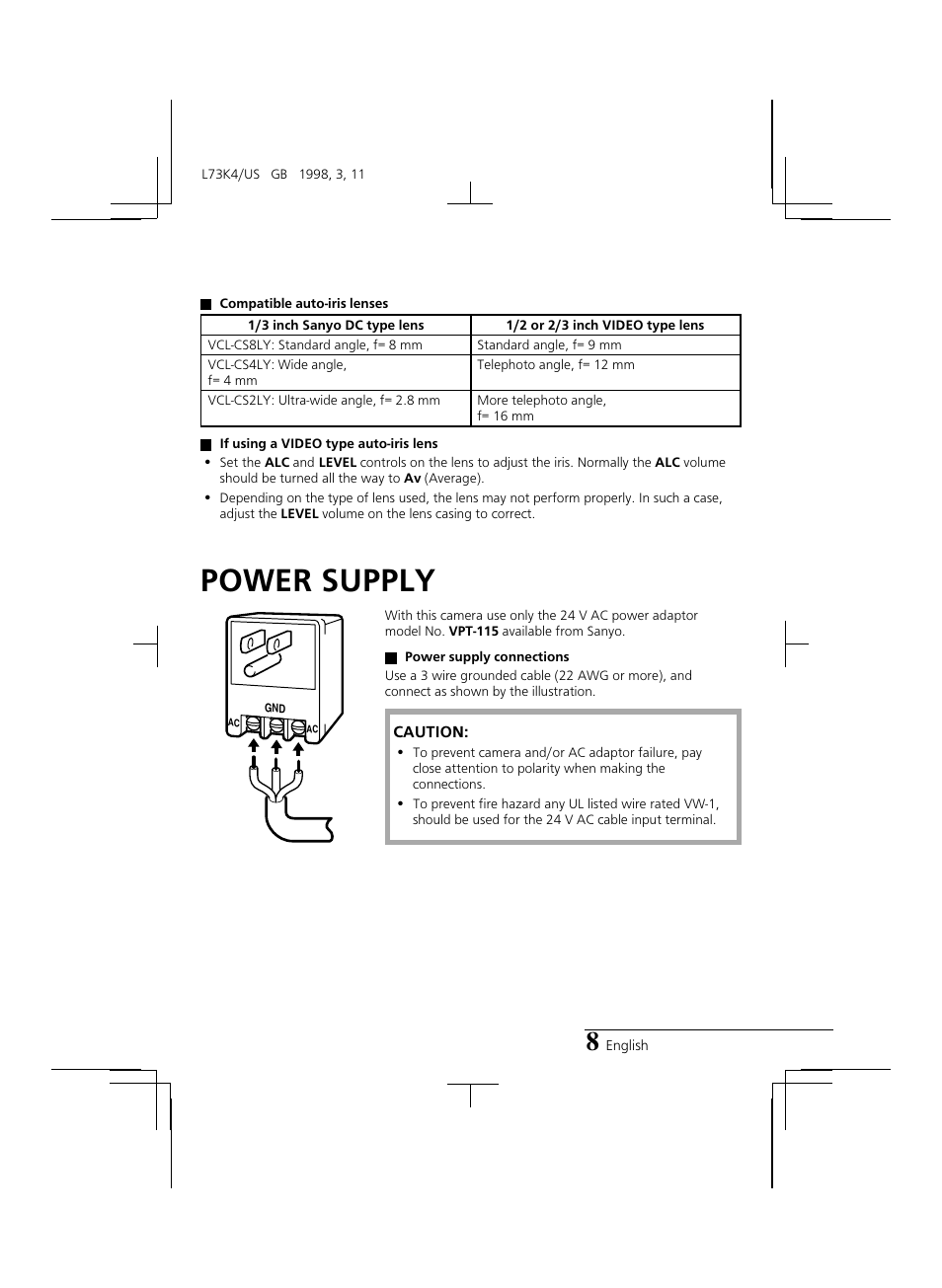 Power supply | Sanyo VCB-3374 User Manual | Page 10 / 15