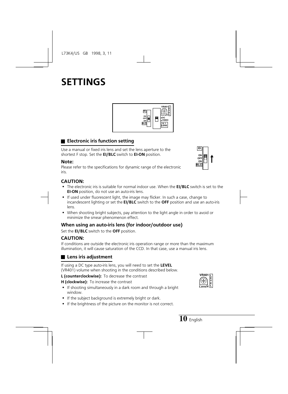 Settings, Electronic iris function setting, Caution | Lens iris adjustment | Sanyo VCB-3374 User Manual | Page 12 / 15