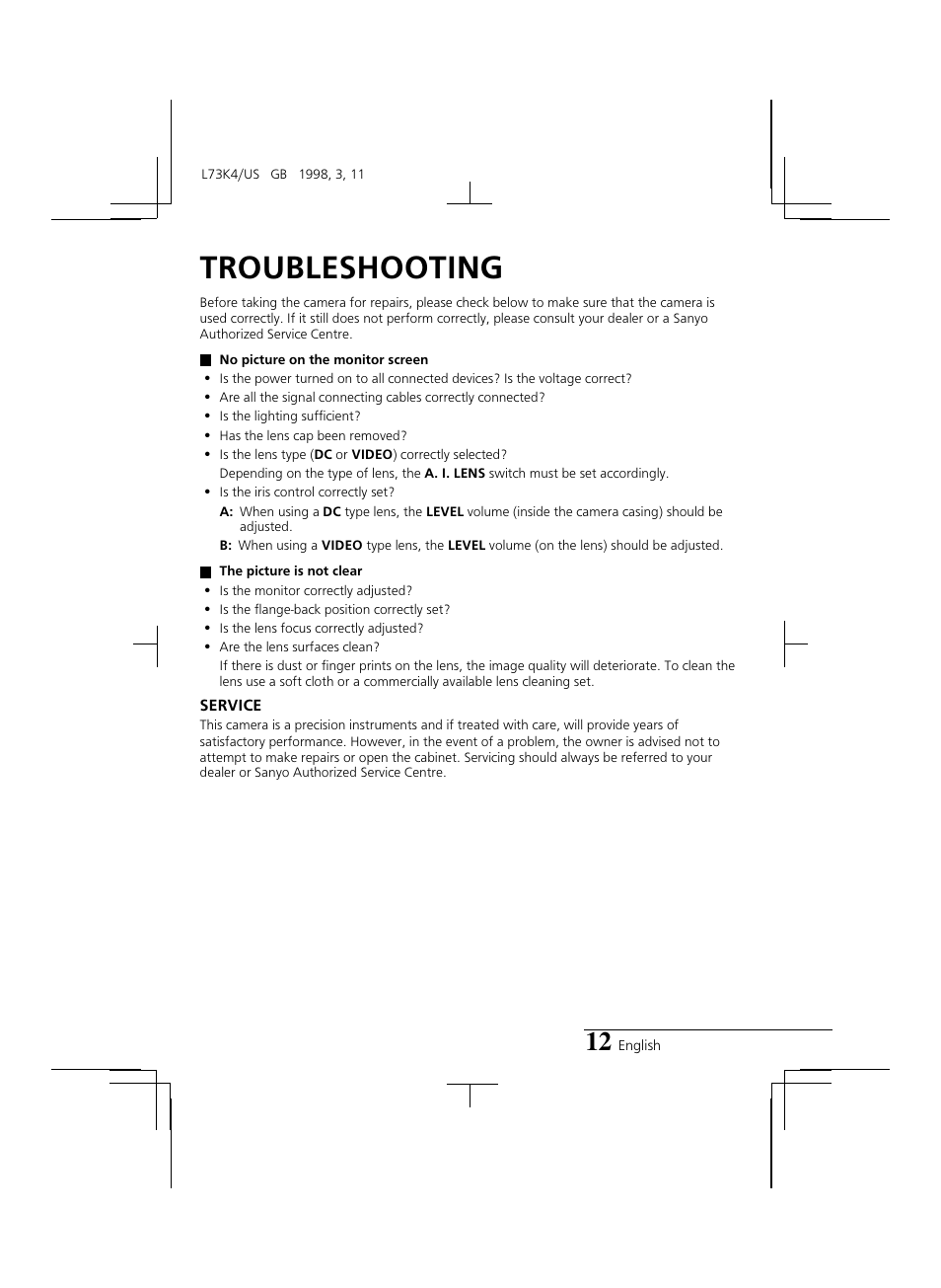 Troubleshooting | Sanyo VCB-3374 User Manual | Page 14 / 15