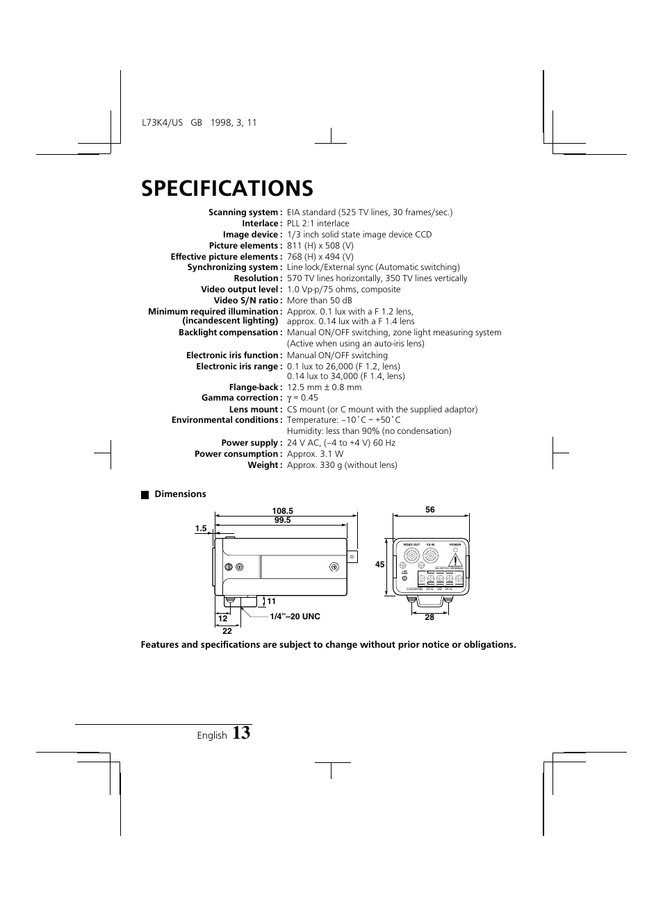 Specifications | Sanyo VCB-3374 User Manual | Page 15 / 15