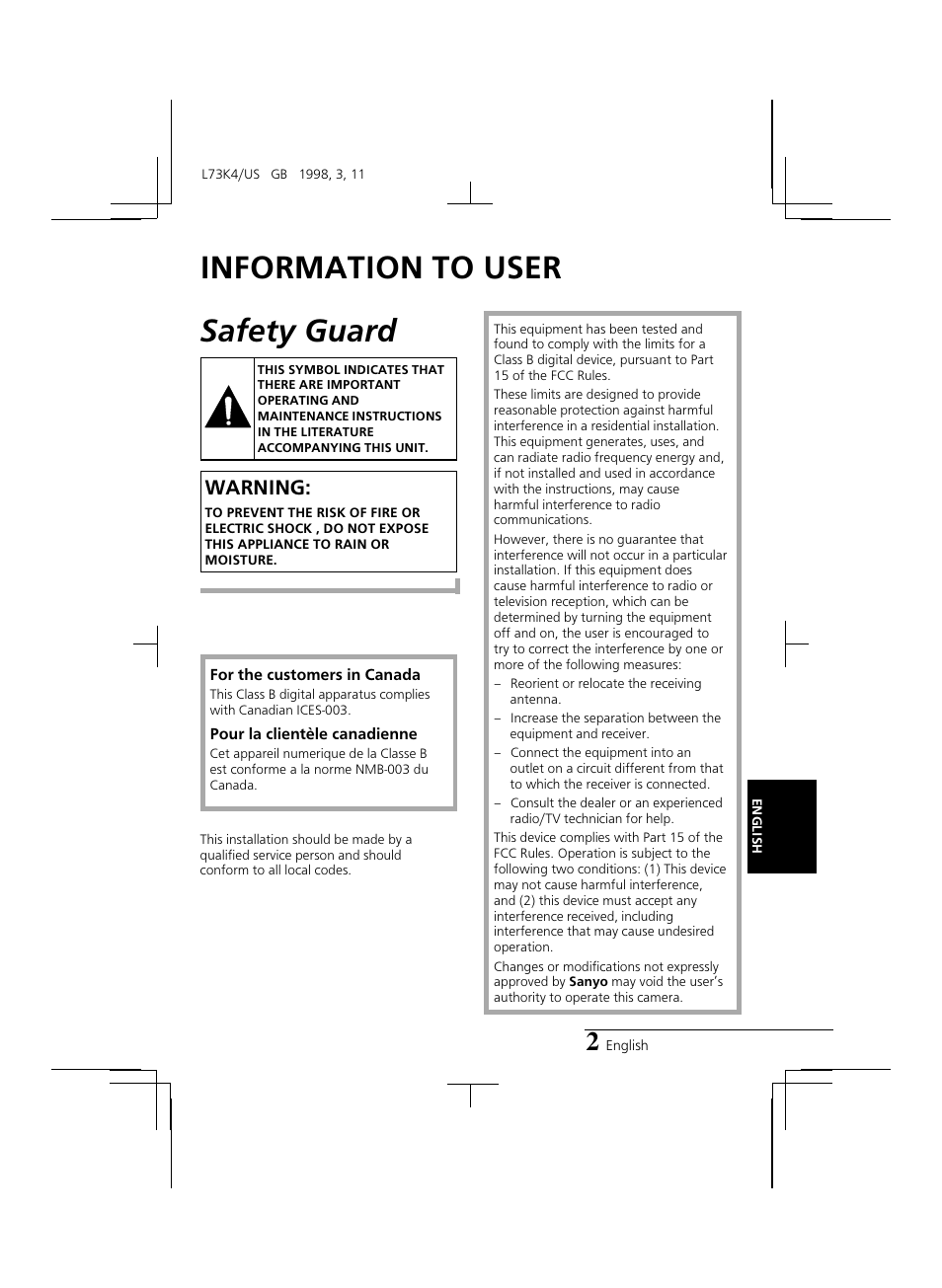 Safety guard, Information to user, Warning | Sanyo VCB-3374 User Manual | Page 4 / 15