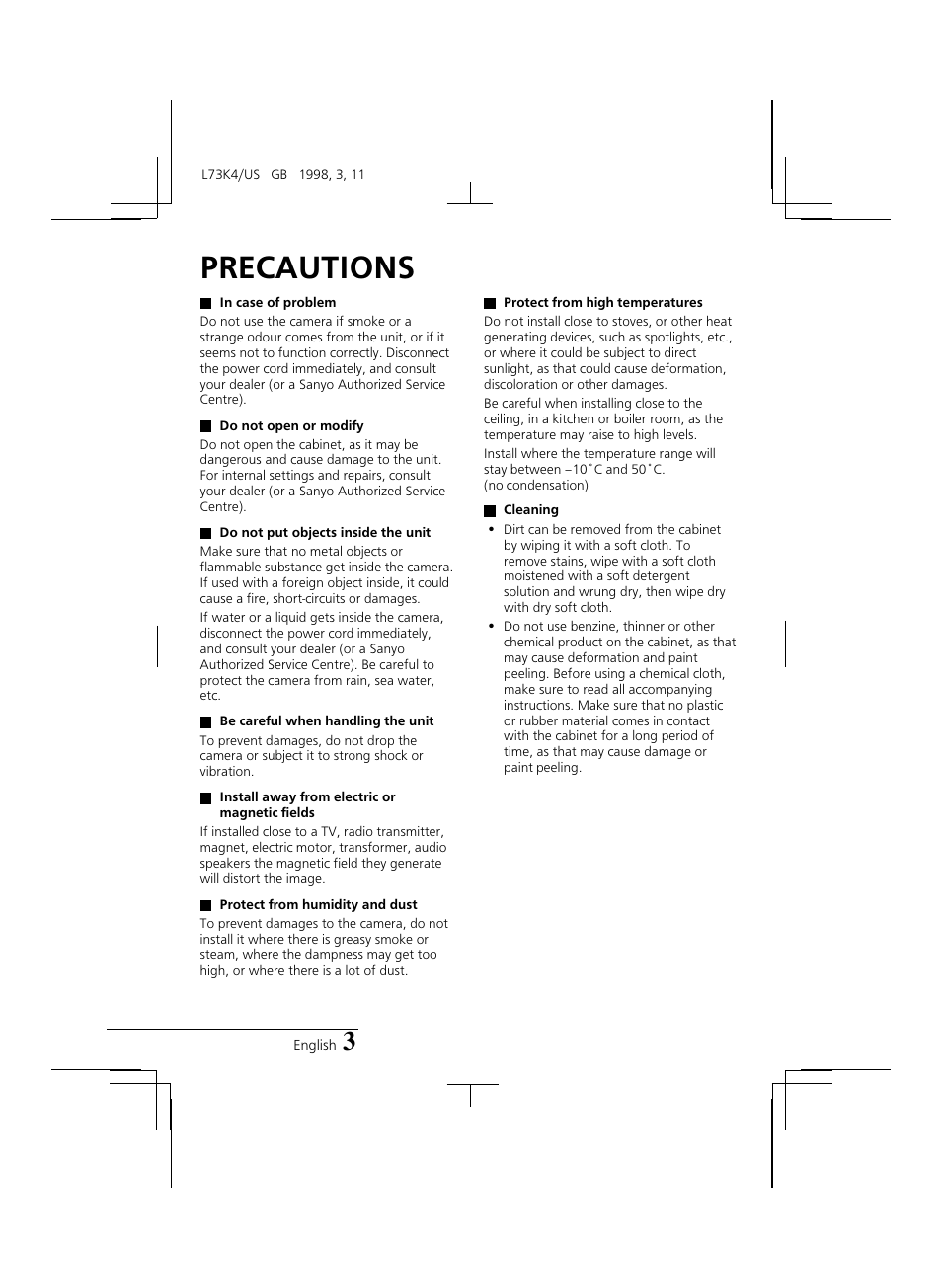 Precautions | Sanyo VCB-3374 User Manual | Page 5 / 15