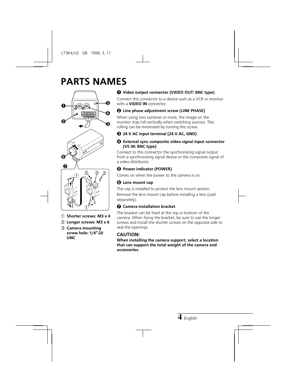 Parts names | Sanyo VCB-3374 User Manual | Page 6 / 15