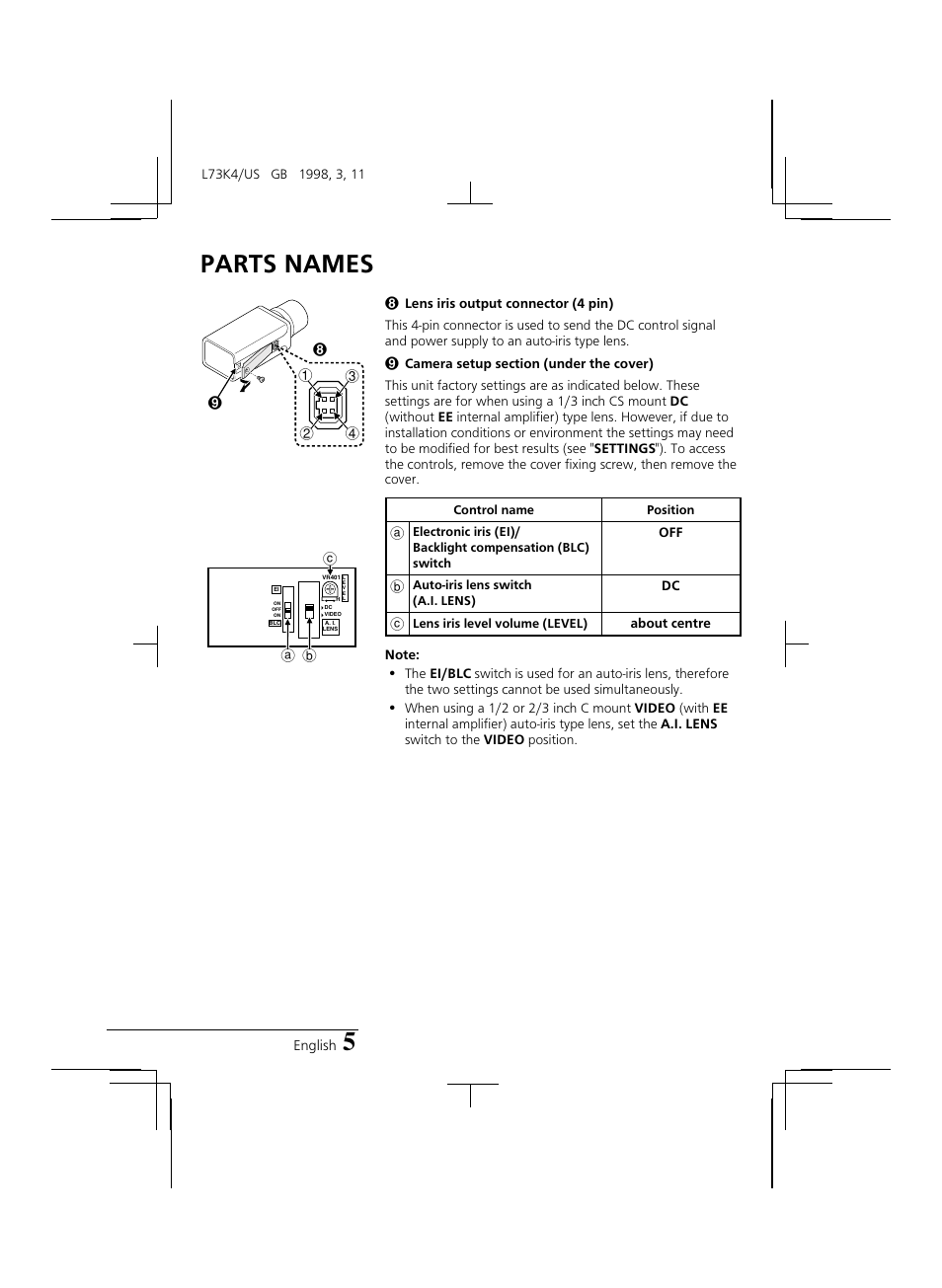 Parts names | Sanyo VCB-3374 User Manual | Page 7 / 15