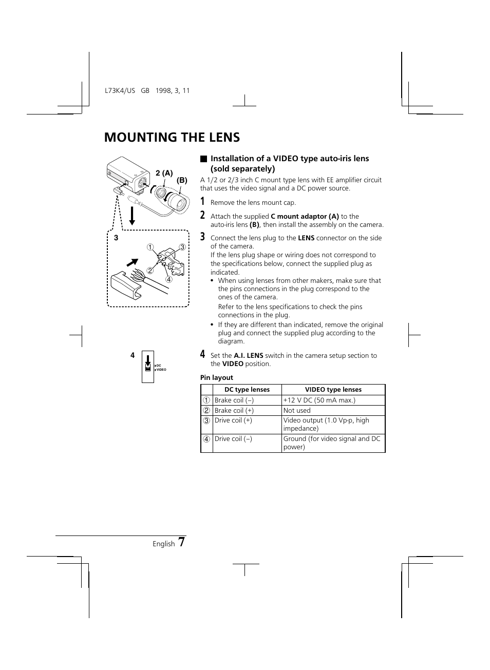 Mounting the lens | Sanyo VCB-3374 User Manual | Page 9 / 15