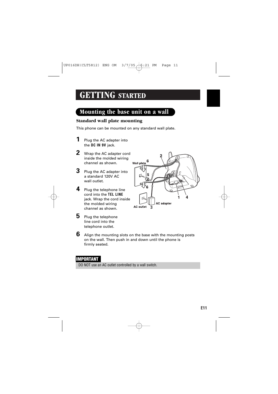 Getting, Started, Mounting the base unit on a wall | Sanyo CLT-5812 User Manual | Page 13 / 48