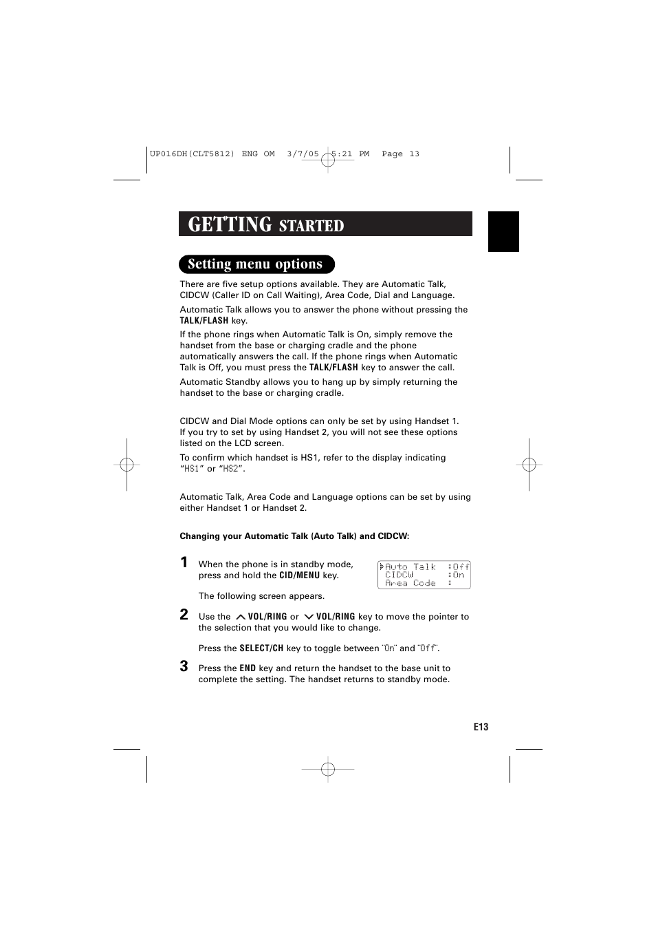 Getting, Started, Setting menu options | Sanyo CLT-5812 User Manual | Page 15 / 48