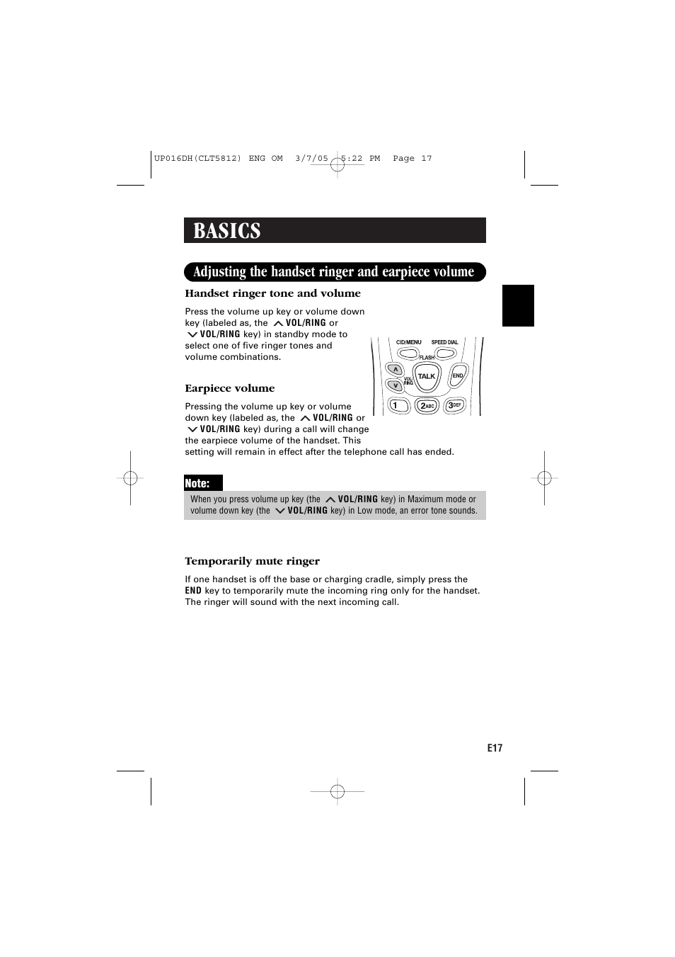 Basics, Adjusting the handset ringer and earpiece volume | Sanyo CLT-5812 User Manual | Page 19 / 48