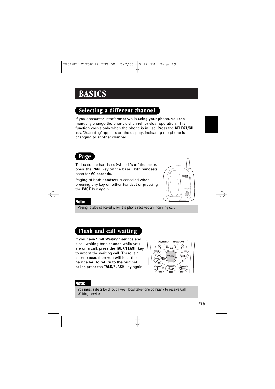 Basics, Selecting a different channel, Page | Flash and call waiting | Sanyo CLT-5812 User Manual | Page 21 / 48