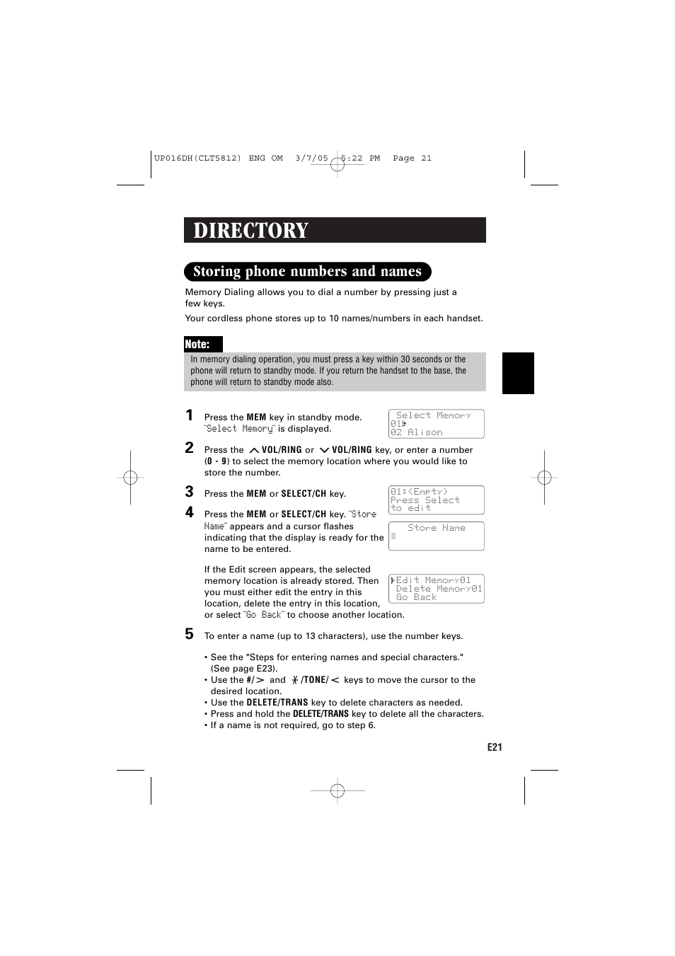 Directory, Storing phone numbers and names 1 | Sanyo CLT-5812 User Manual | Page 23 / 48