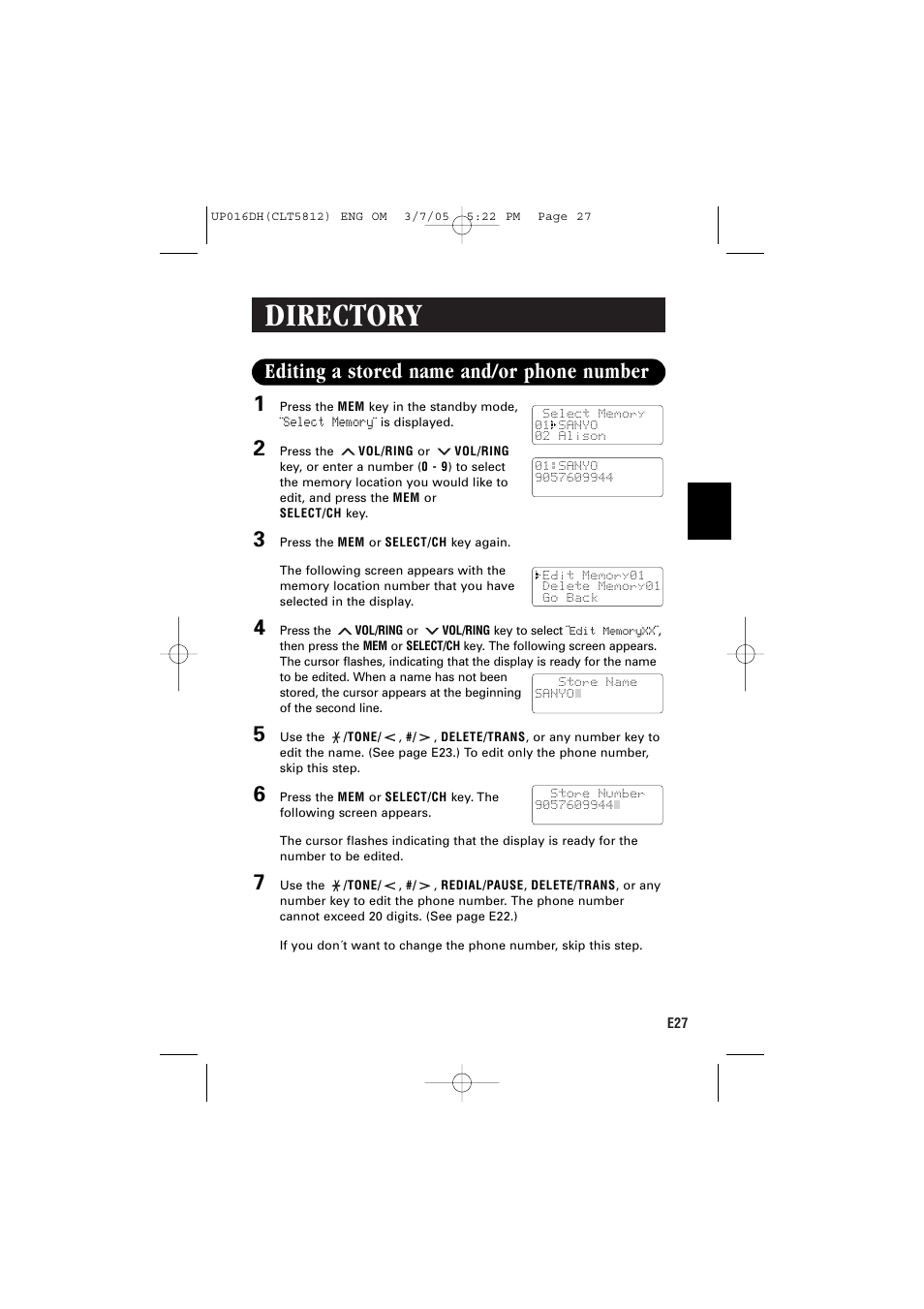 Directory, Editing a stored name and/or phone number | Sanyo CLT-5812 User Manual | Page 29 / 48
