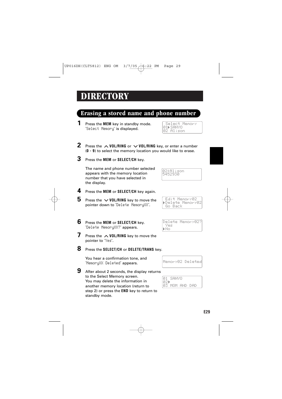 Directory, Erasing a stored name and phone number | Sanyo CLT-5812 User Manual | Page 31 / 48