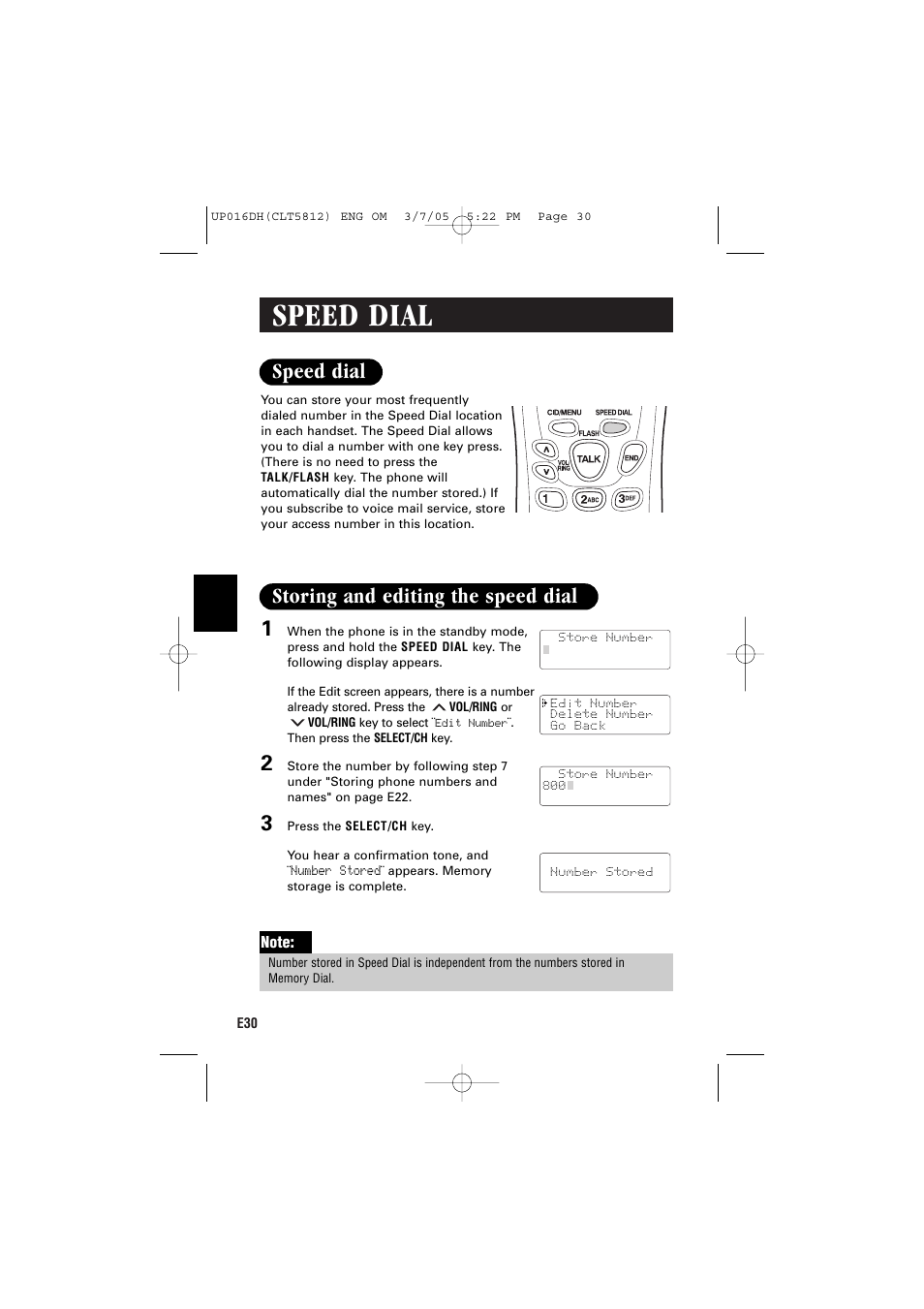 Speed dial, Speed dial 1, Storing and editing the speed dial | Sanyo CLT-5812 User Manual | Page 32 / 48