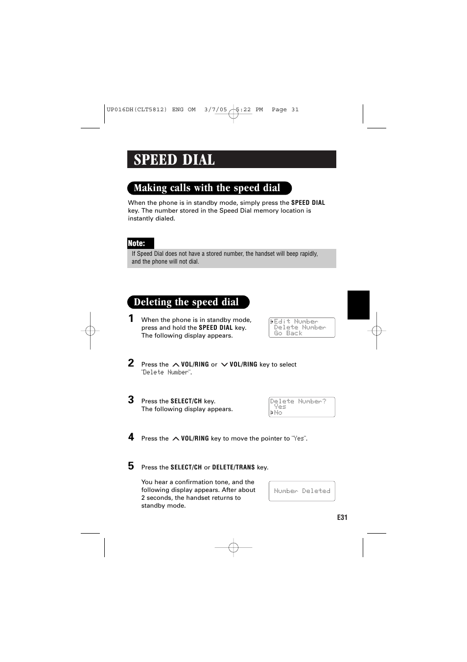 Speed dial, Making calls with the speed dial 1, Deleting the speed dial | Sanyo CLT-5812 User Manual | Page 33 / 48