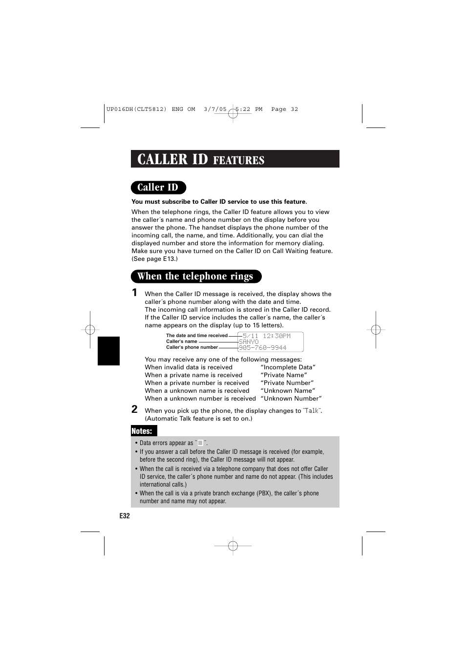 Caller id, Features, Caller id 1 | When the telephone rings | Sanyo CLT-5812 User Manual | Page 34 / 48