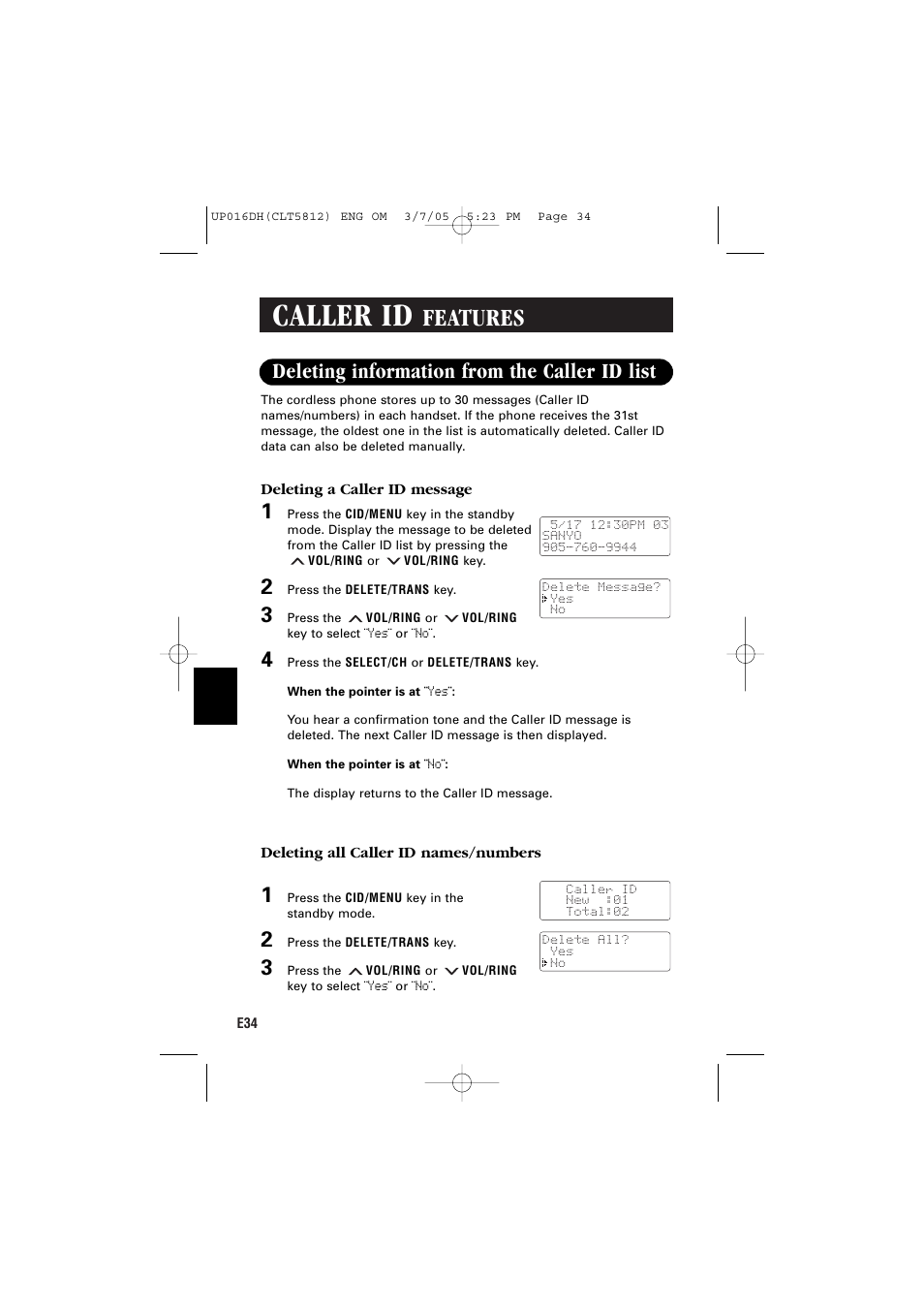 Caller id, Features, Deleting information from the caller id list | Sanyo CLT-5812 User Manual | Page 36 / 48