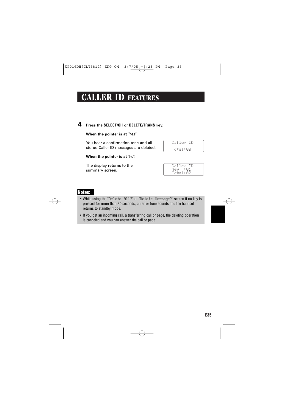 Caller id, Features | Sanyo CLT-5812 User Manual | Page 37 / 48