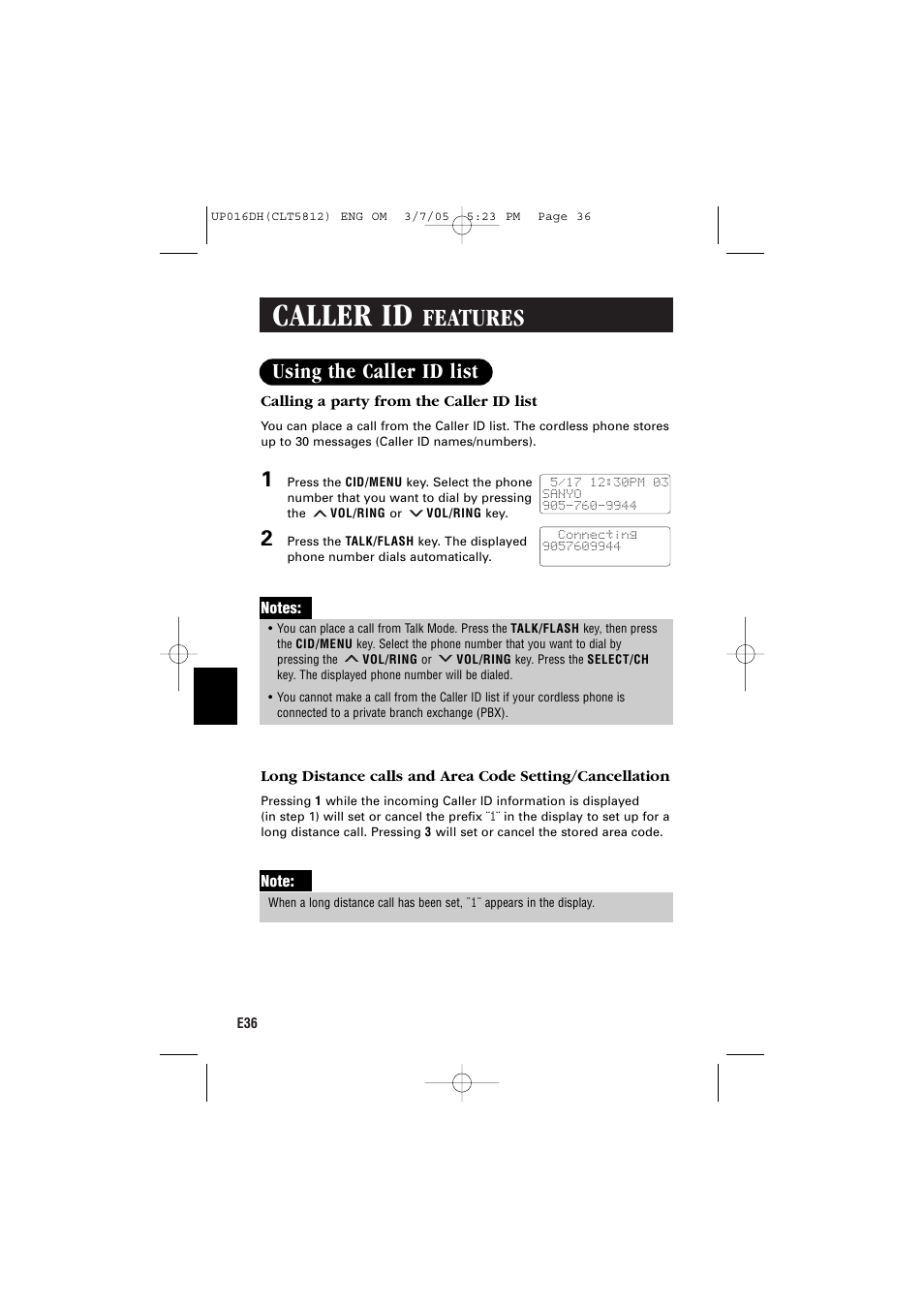 Caller id, Features, Using the caller id list | Sanyo CLT-5812 User Manual | Page 38 / 48