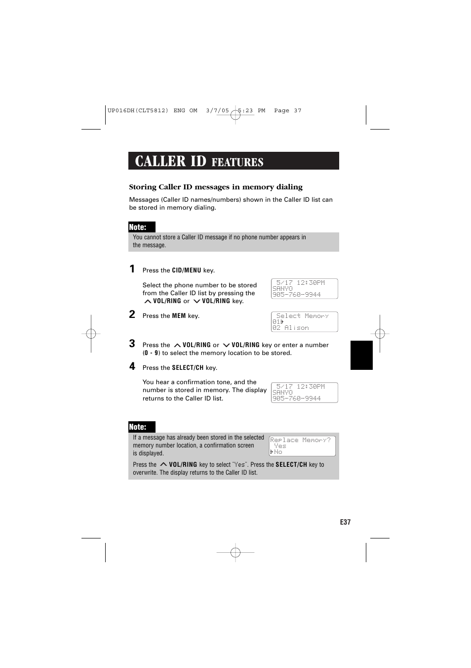 Caller id, Features | Sanyo CLT-5812 User Manual | Page 39 / 48