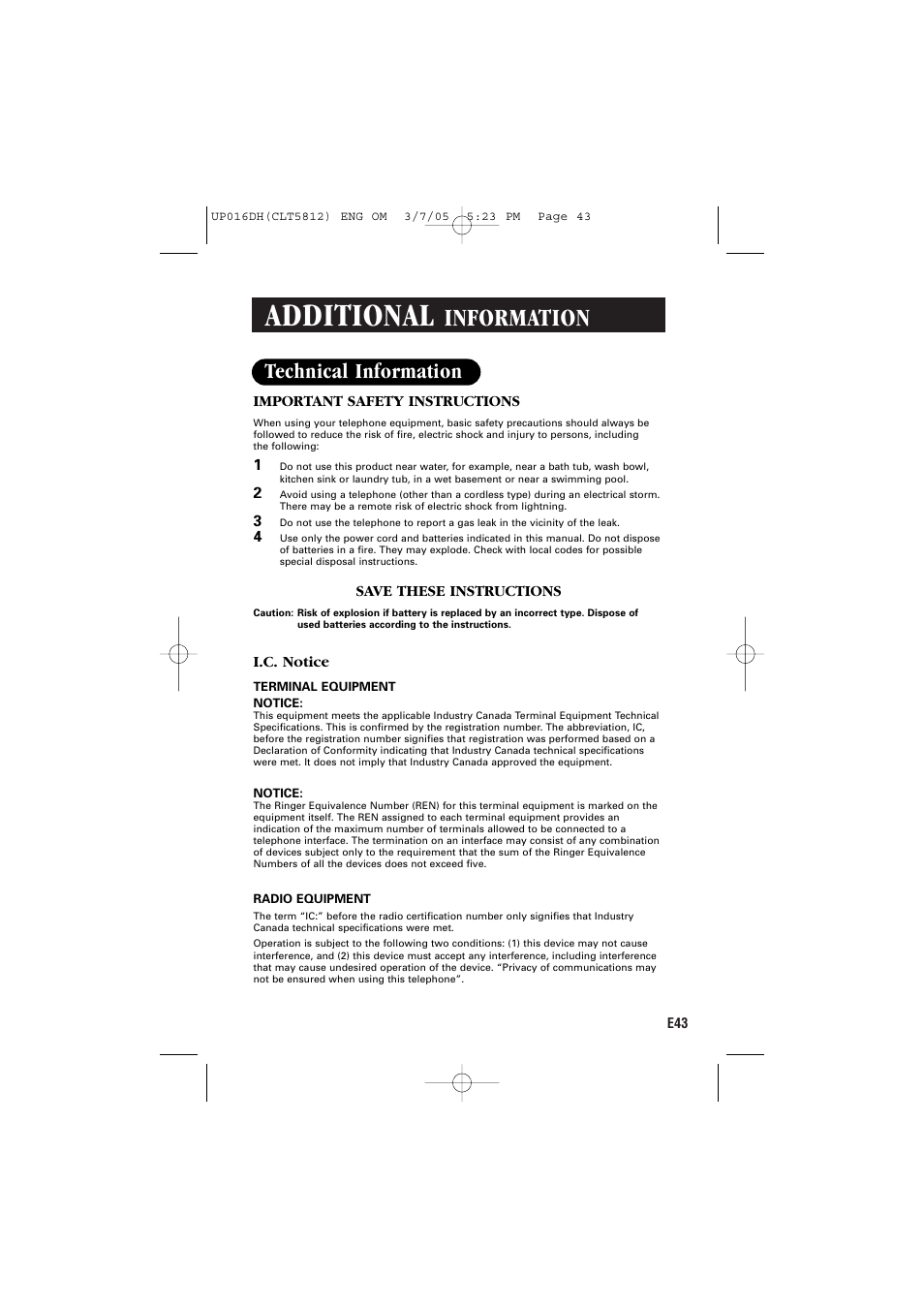 Additional, Information, Technical information | Sanyo CLT-5812 User Manual | Page 45 / 48