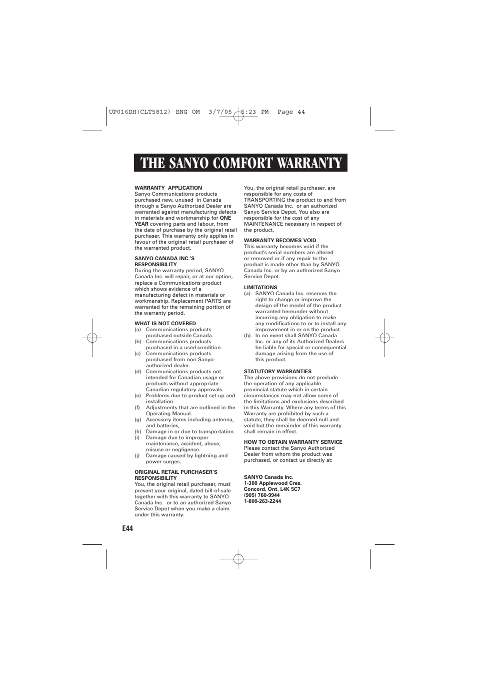 The sanyo comfort warranty | Sanyo CLT-5812 User Manual | Page 46 / 48