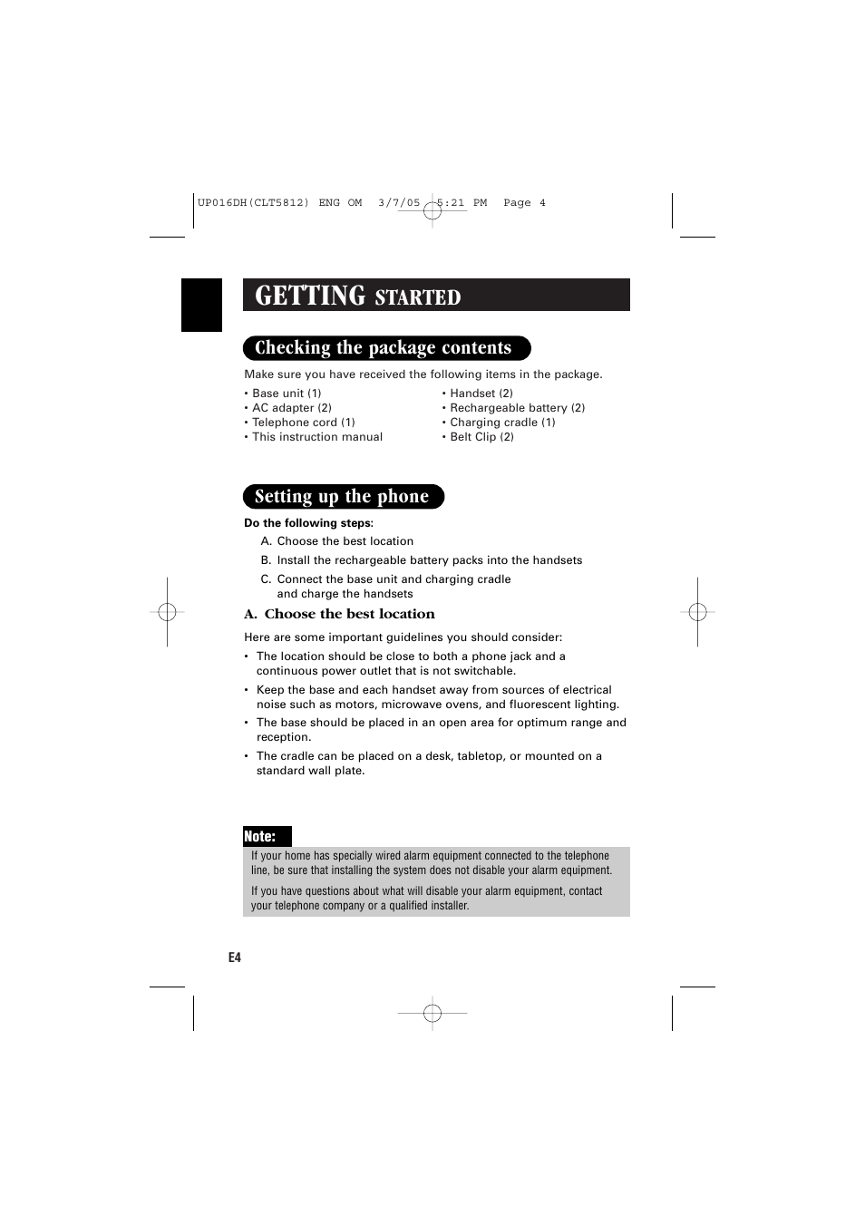 Getting, Started, Checking the package contents setting up the phone | Sanyo CLT-5812 User Manual | Page 6 / 48