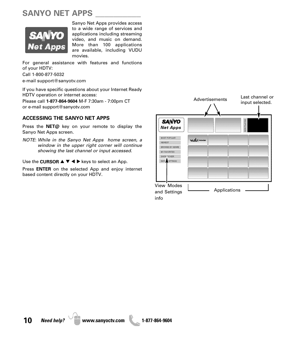 Sanyo net apps | Sanyo Internet Ready HDTV DP42851 User Manual | Page 10 / 24