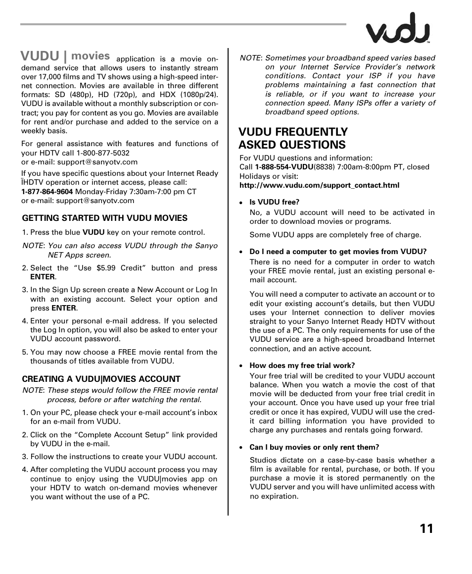 Vudu, Vudu frequently asked questions, Movies | Sanyo Internet Ready HDTV DP42851 User Manual | Page 11 / 24