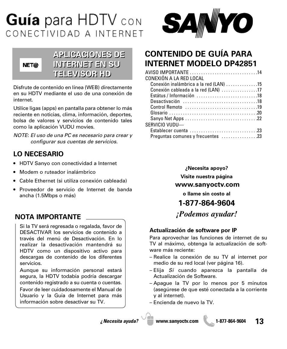 Aplicaciones de internet en su televisor hd 13 | Sanyo Internet Ready HDTV DP42851 User Manual | Page 13 / 24