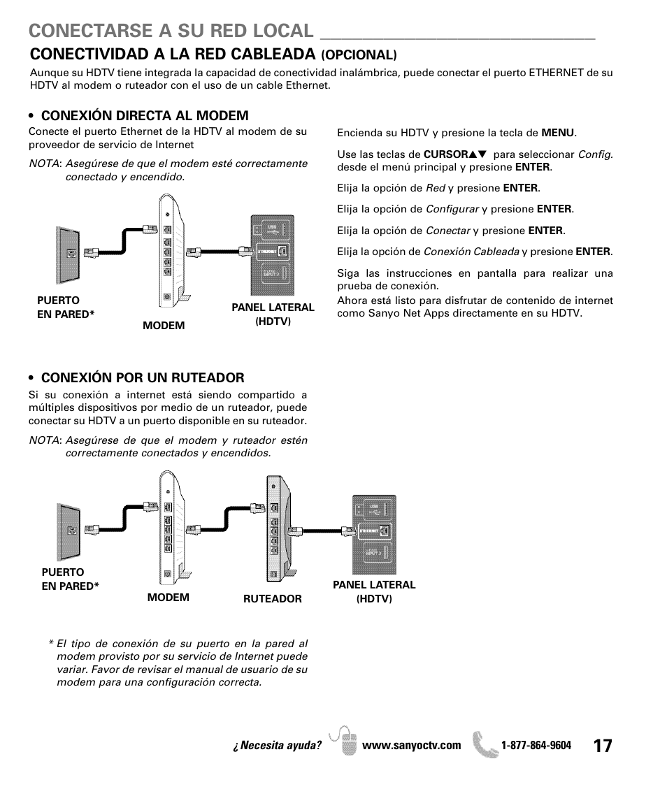 Conectarse a su red local, Conectividad a la red cableada | Sanyo Internet Ready HDTV DP42851 User Manual | Page 17 / 24