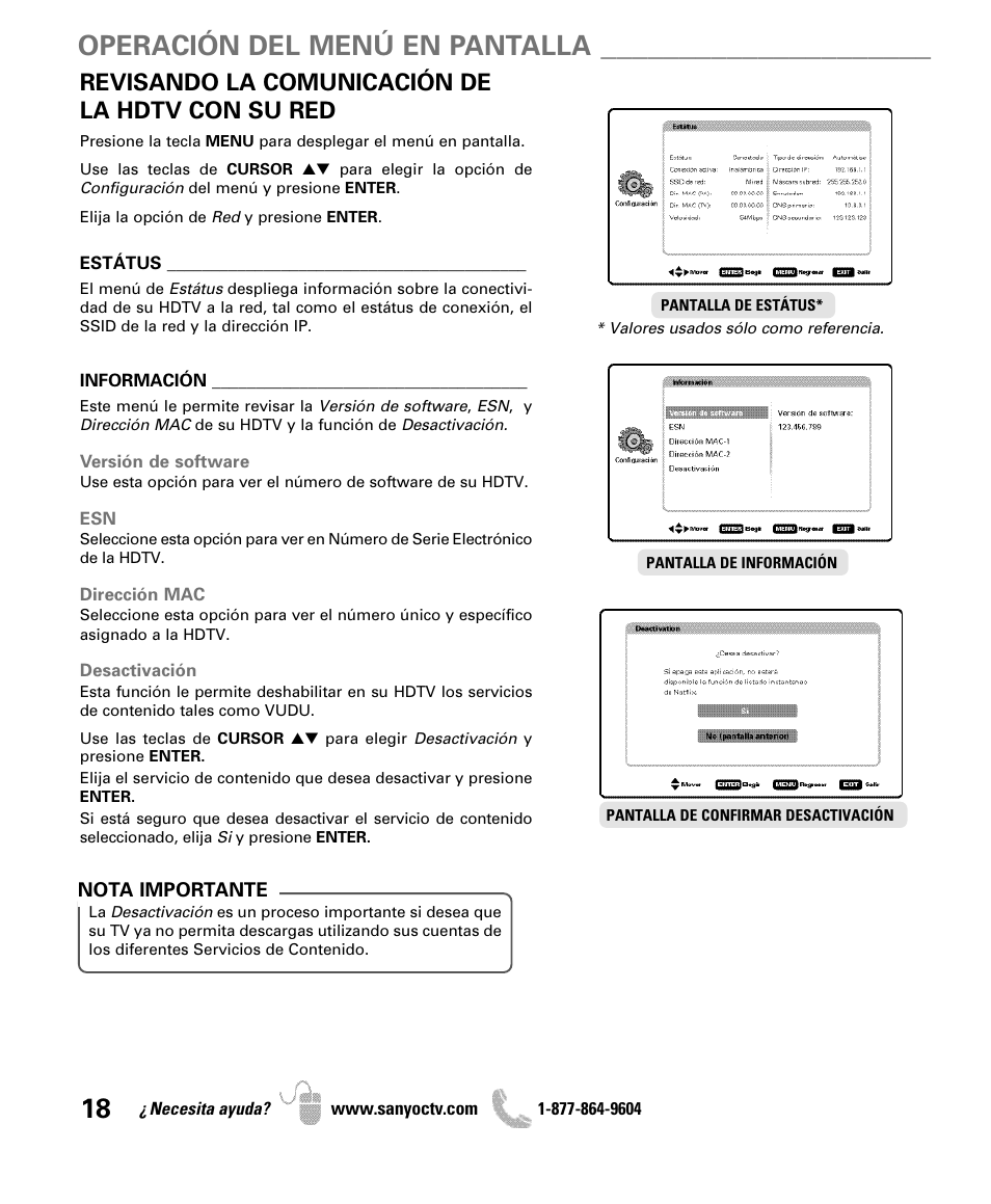 Operación del menú en pantalla, Revisando la comunicación de la hdtv con su red | Sanyo Internet Ready HDTV DP42851 User Manual | Page 18 / 24