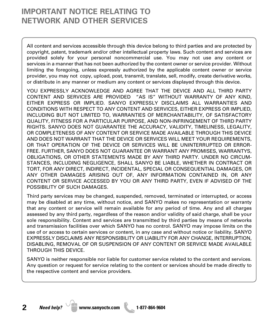 Sanyo Internet Ready HDTV DP42851 User Manual | Page 2 / 24